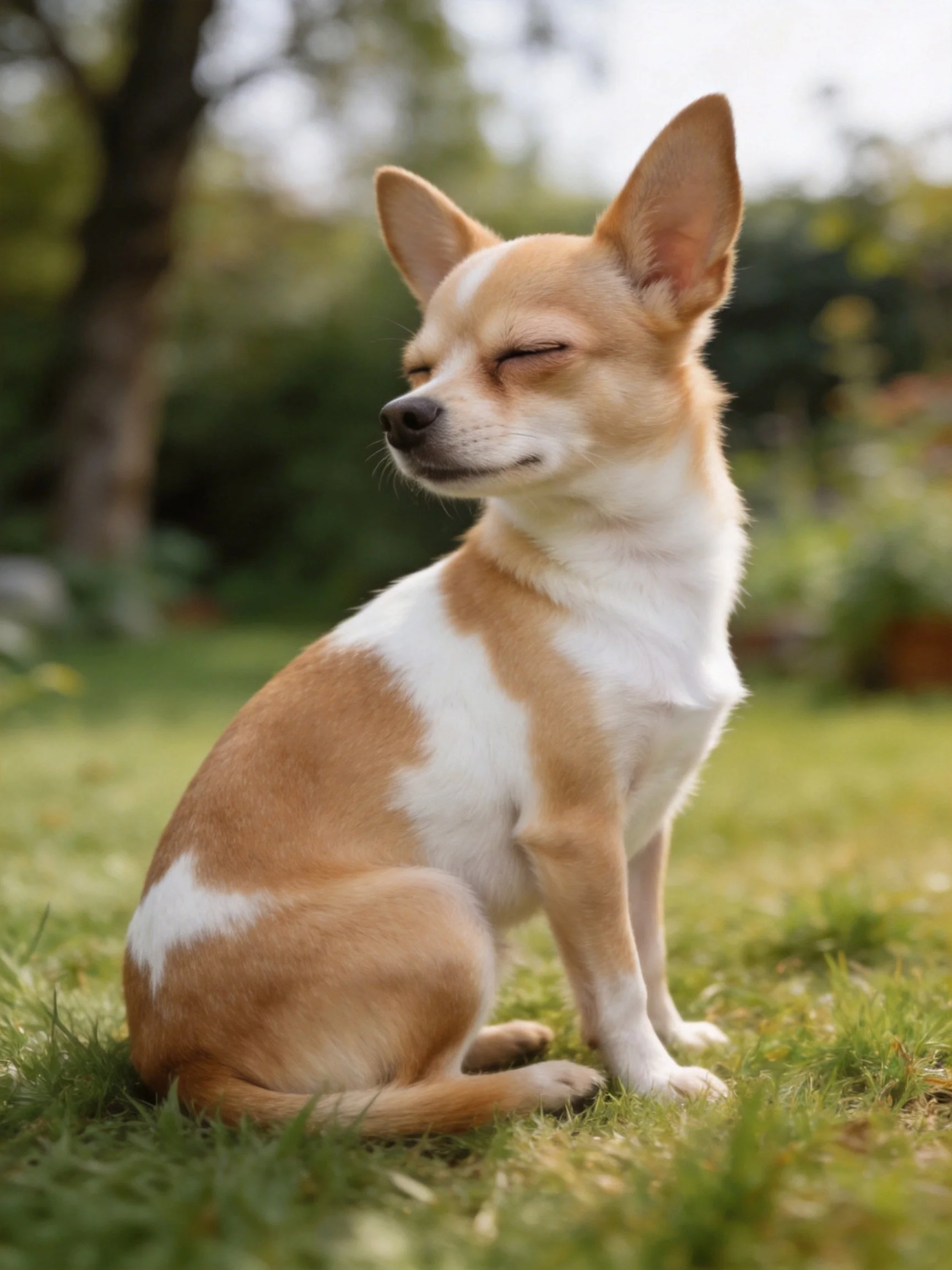A small tan and white dog relaxes on grass in an outdoor environment.