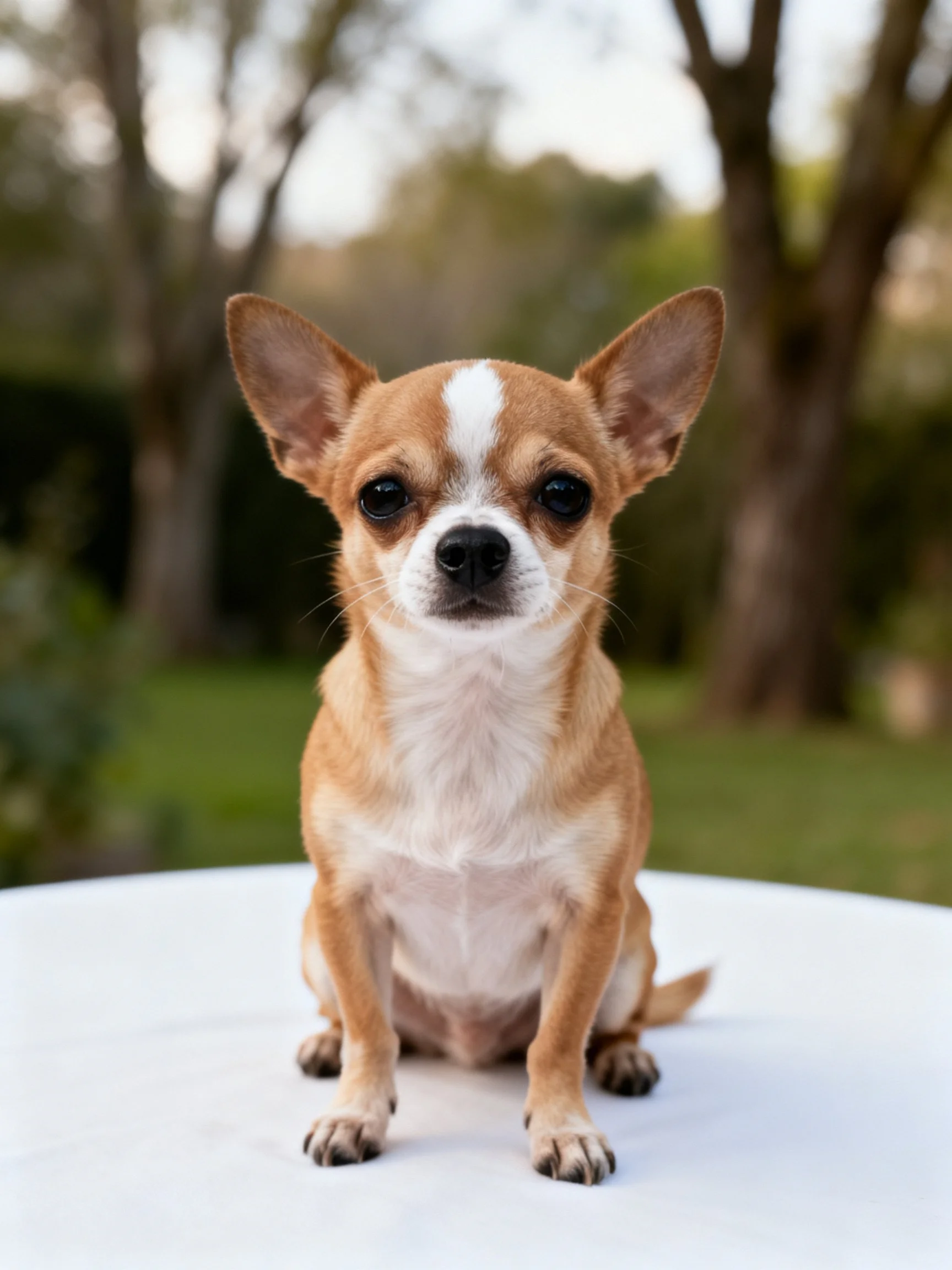 A tan and white Chihuahua sits calmly on a white surface in a green outdoor area.