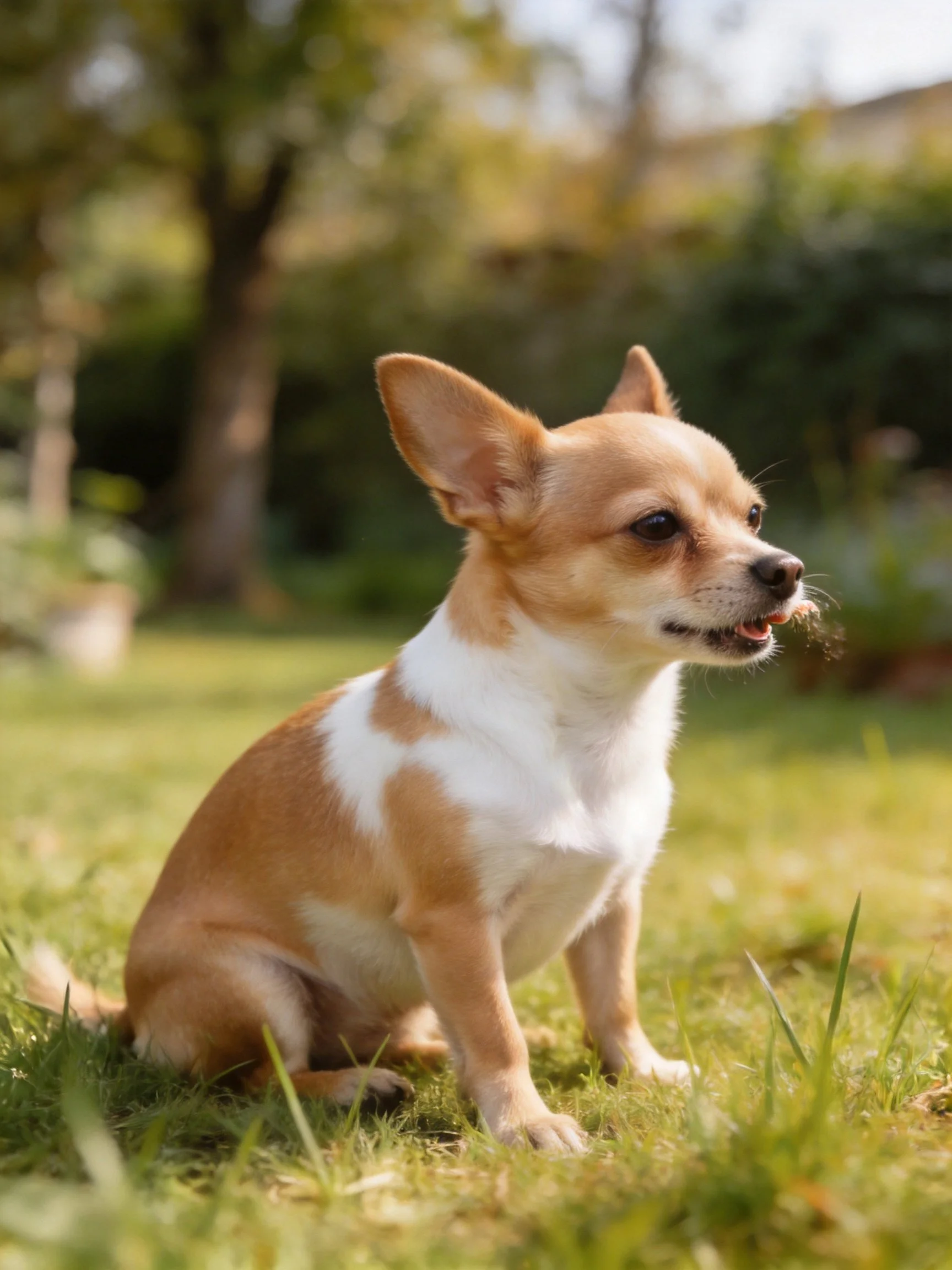 A tan and white Chihuahua sits calmly on grass in a sunlit garden.