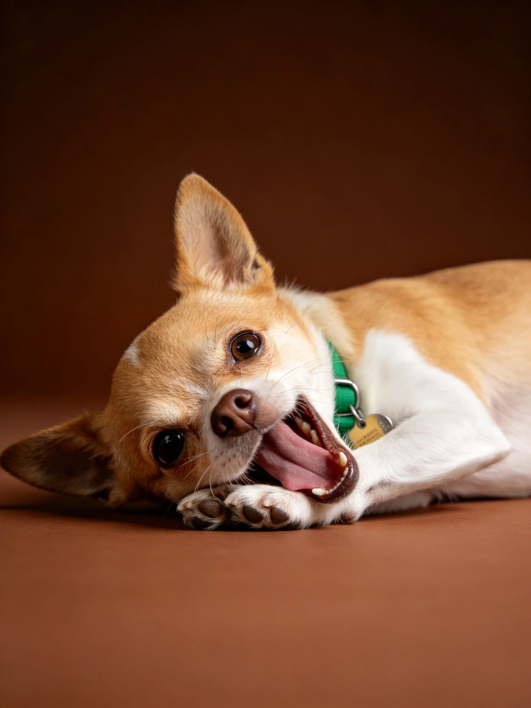 A tan and white Chihuahua yawns while resting on a brown surface.