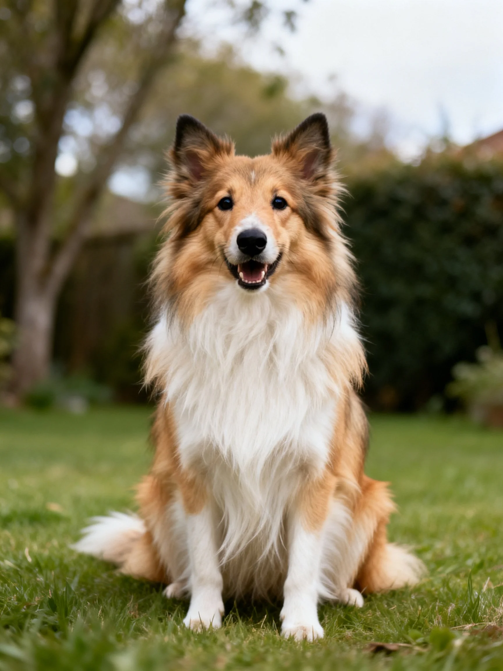 A tan and white Sheltie dog sits on green grass near trees