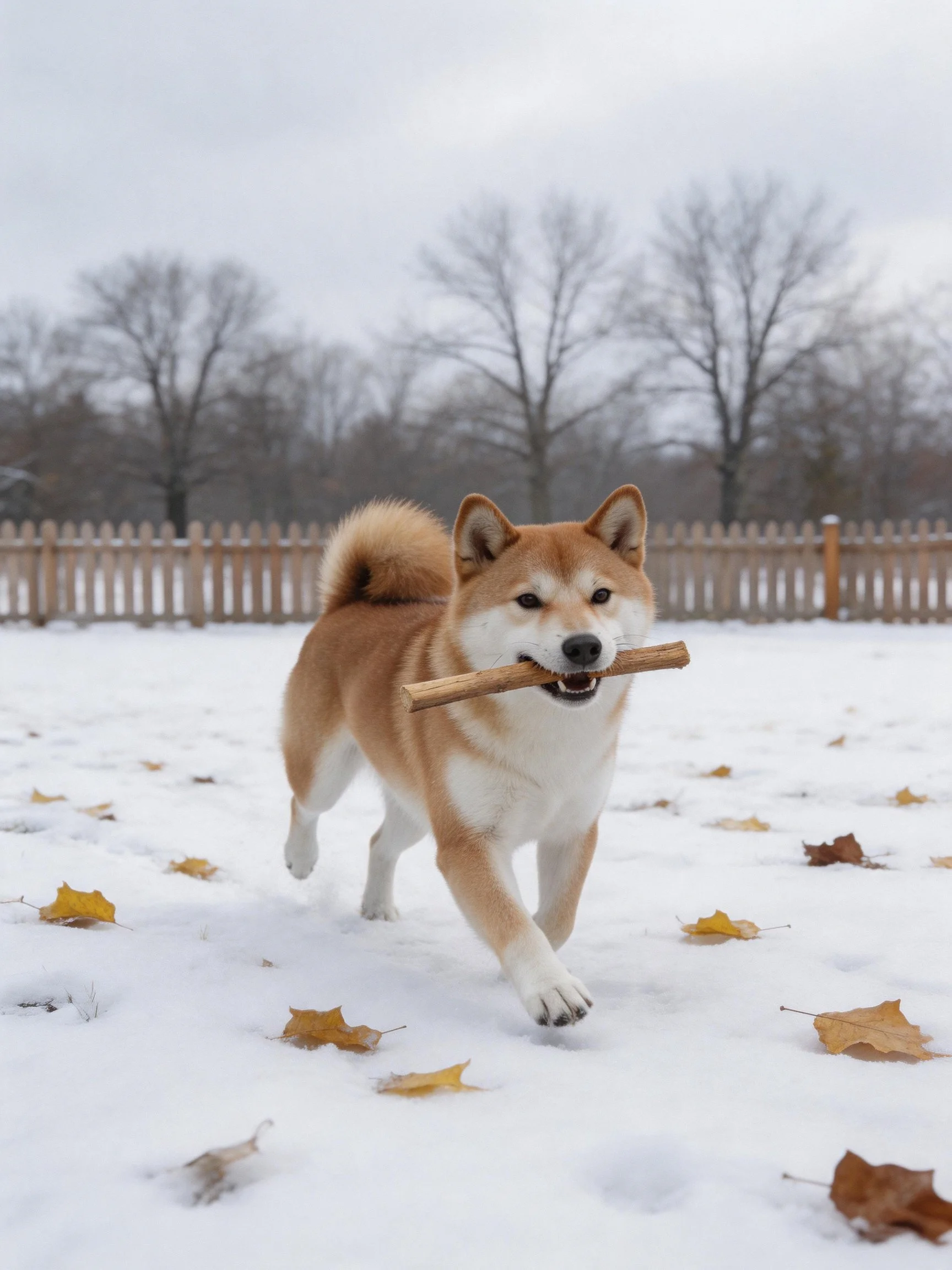 A tan and white Shiba Inu carries a wooden stick in a snowy yard
