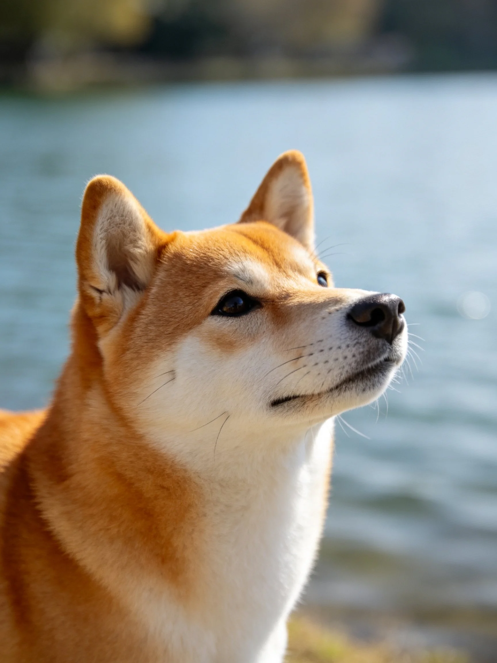 A tan and white Shiba Inu gazes toward a calm blue body of water