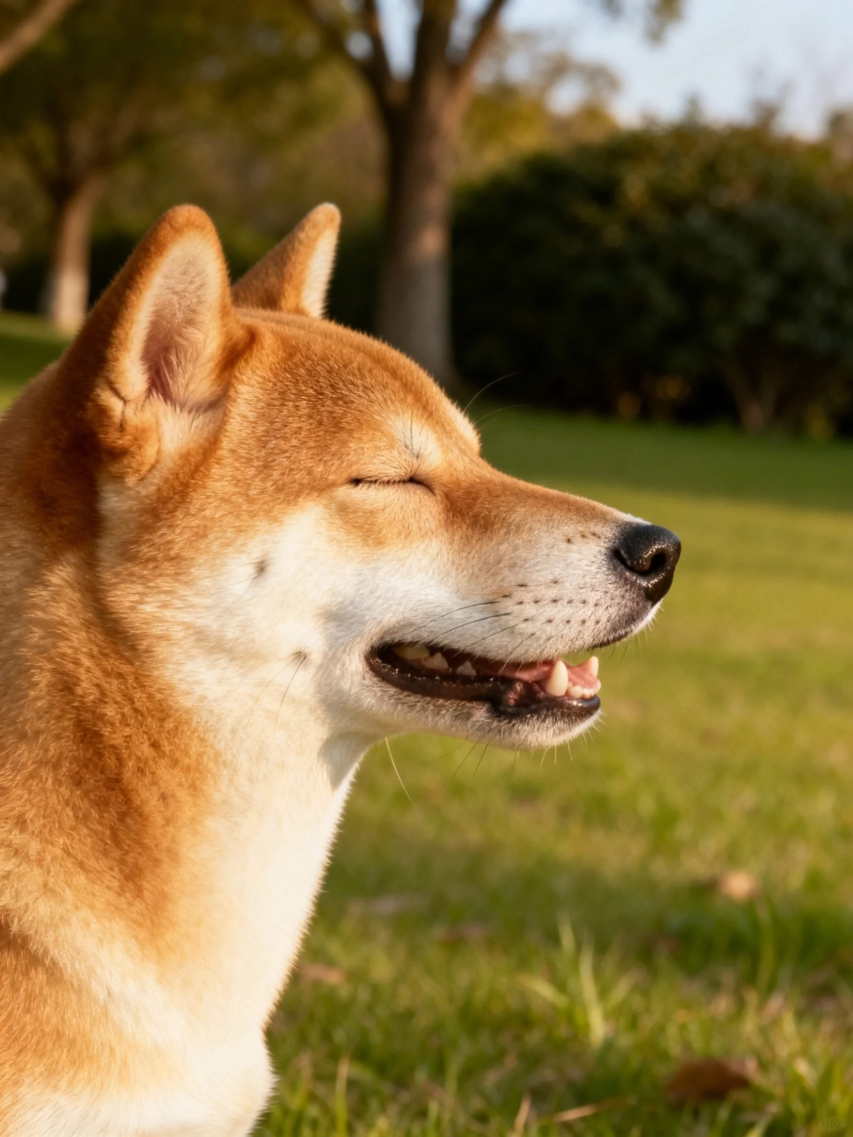 A tan and white Shiba Inu relaxes in a sunlit grassy area