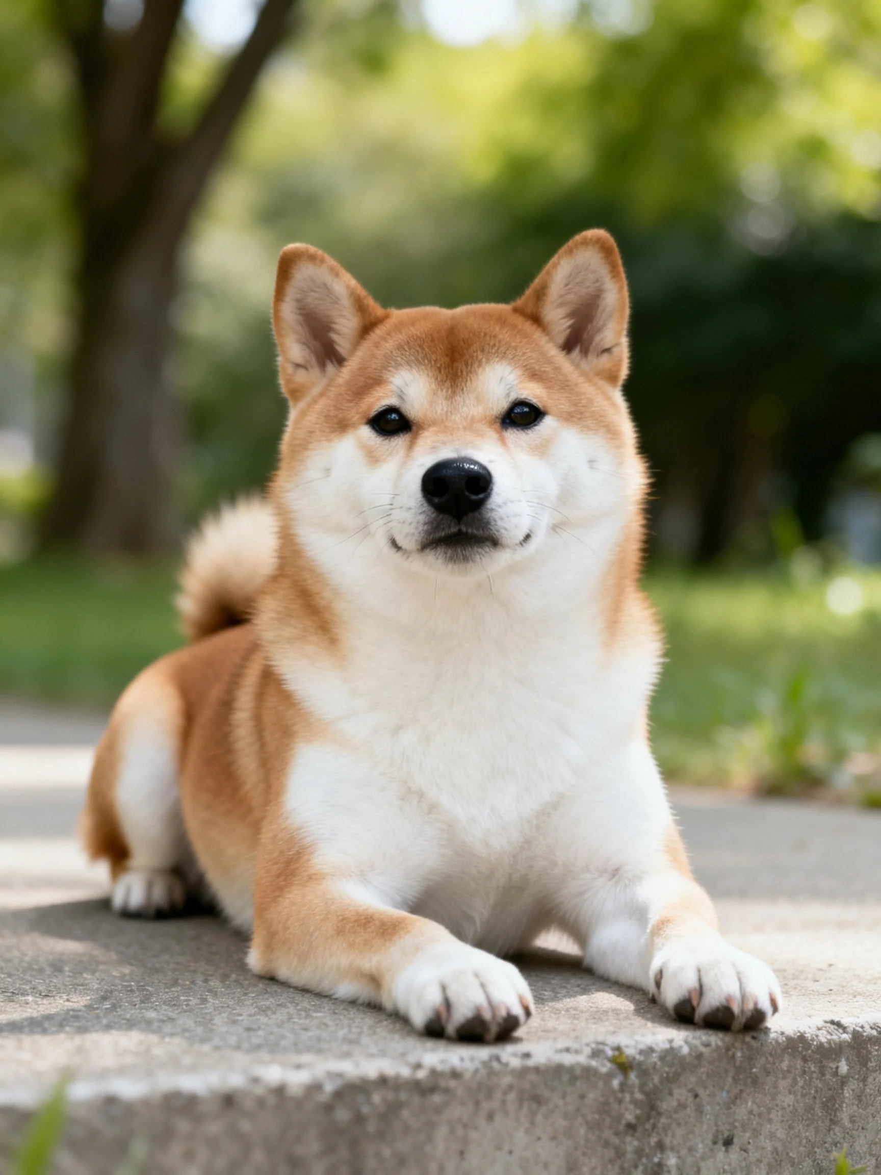 A tan and white Shiba Inu rests on a concrete path in a green park