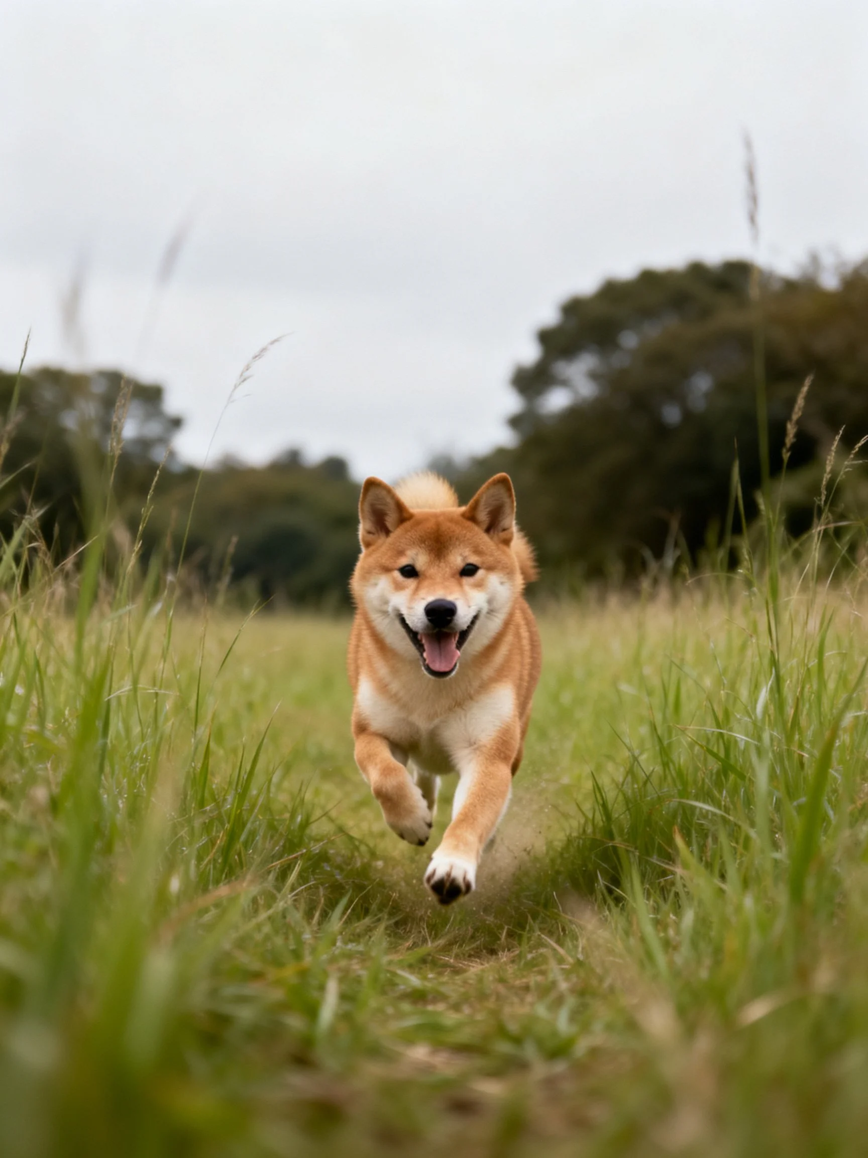 A tan and white Shiba Inu runs through tall green grass