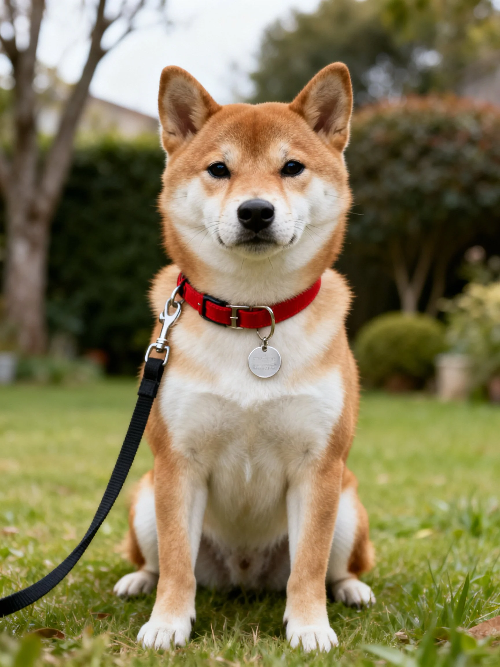 A tan and white Shiba Inu sits on green grass with a red collar