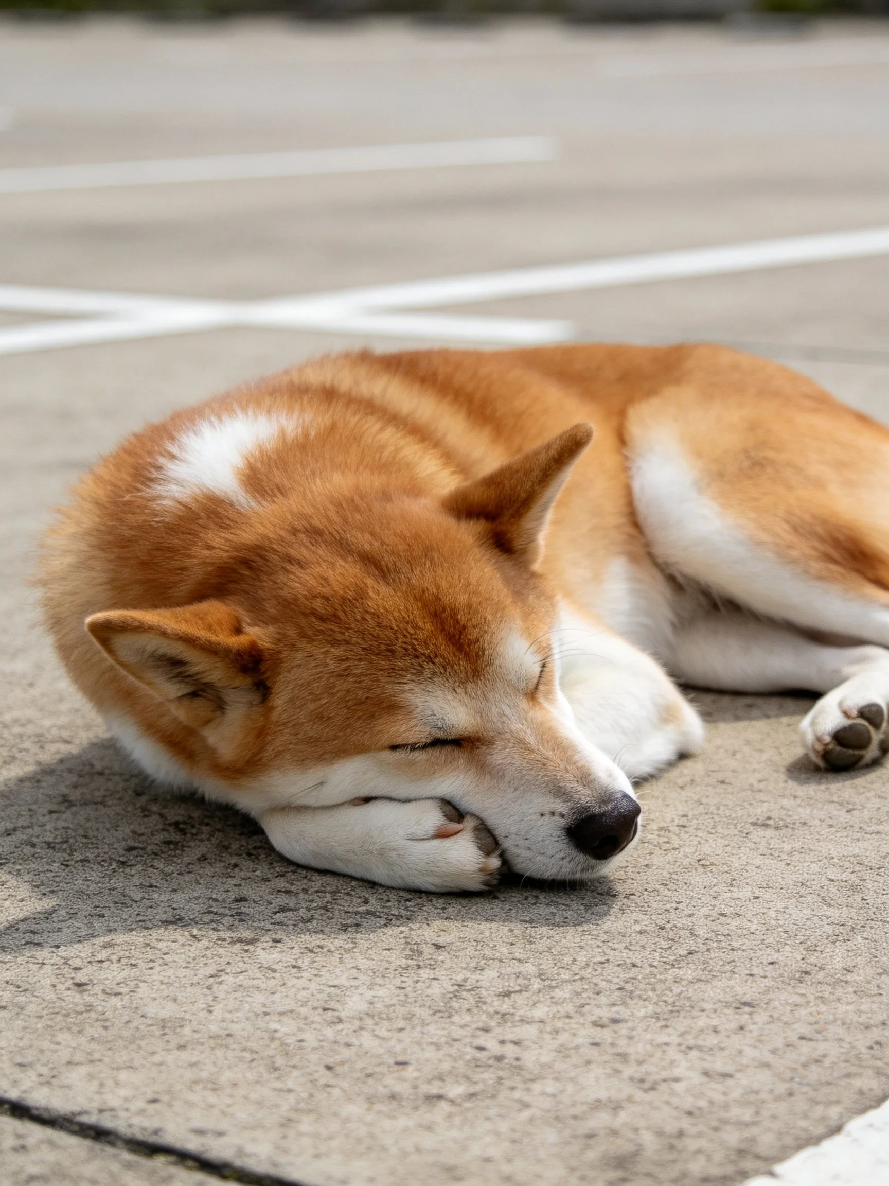A tan and white Shiba Inu sleeps curled on concrete pavement
