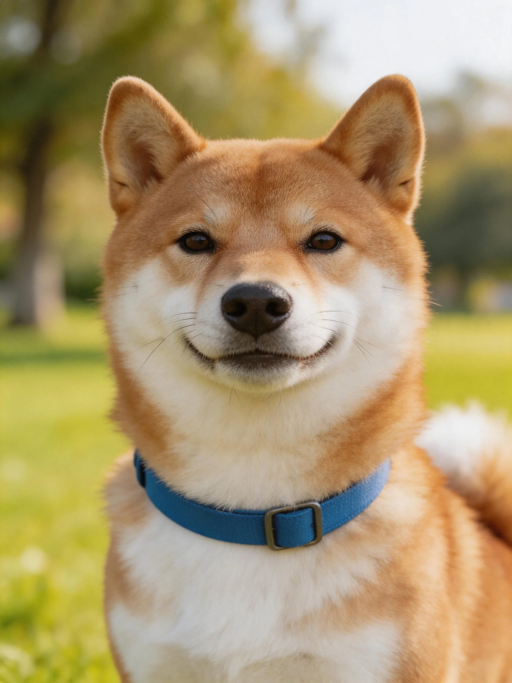 A tan and white Shiba Inu wearing a bright blue collar outdoors