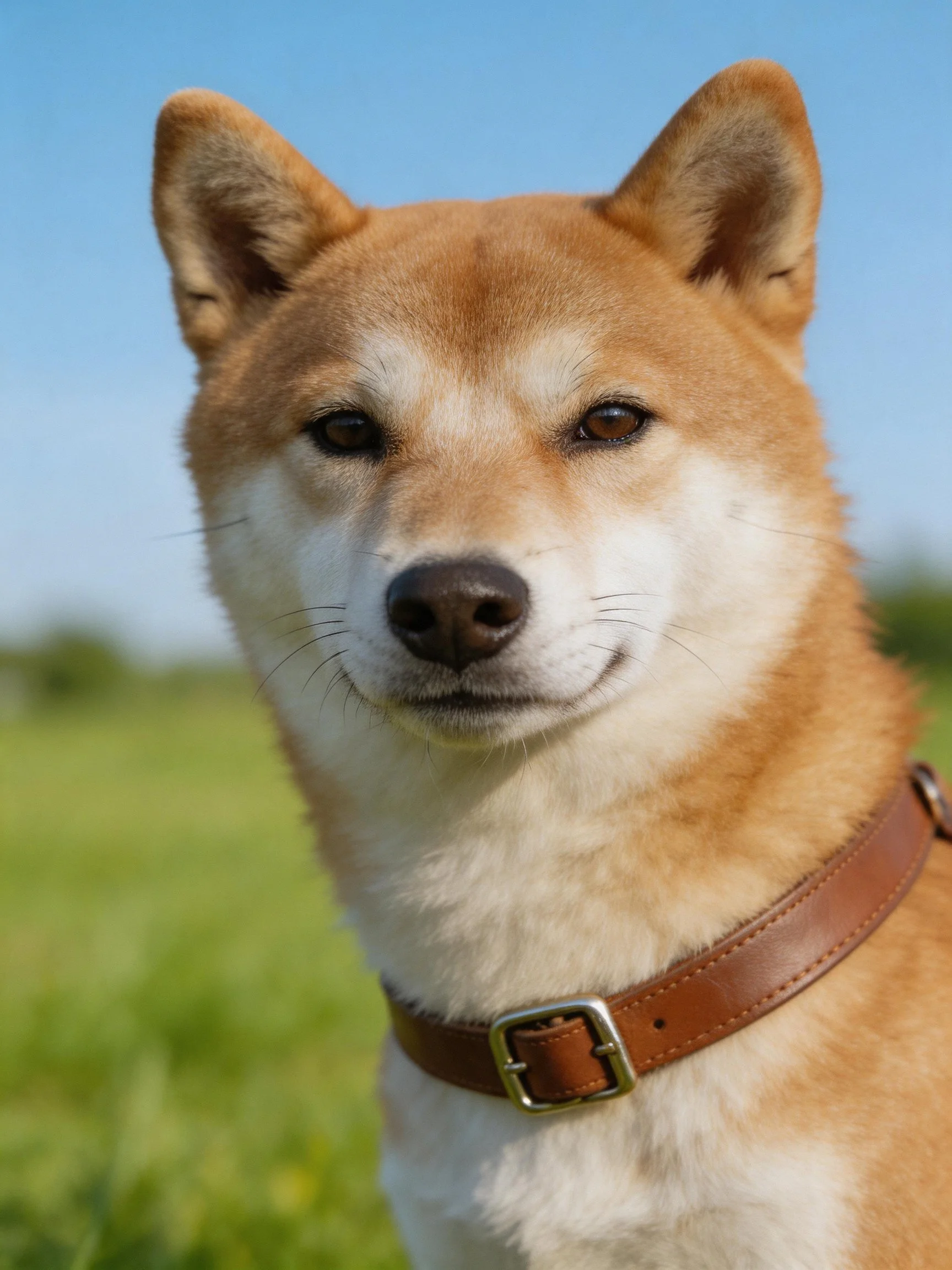 A tan and white Shiba Inu wearing a brown leather collar outdoors