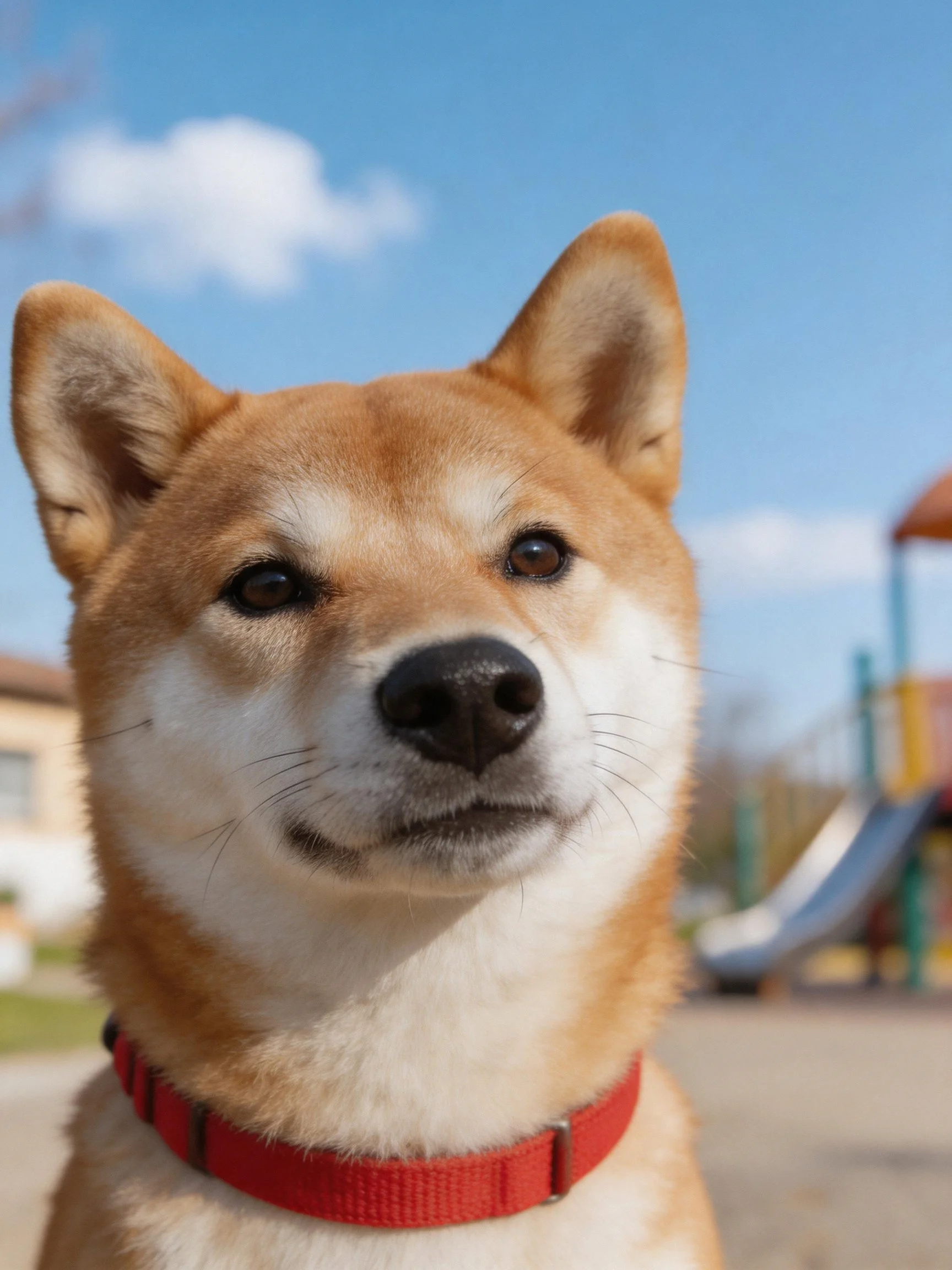 A tan and white Shiba Inu with a red collar in an outdoor area