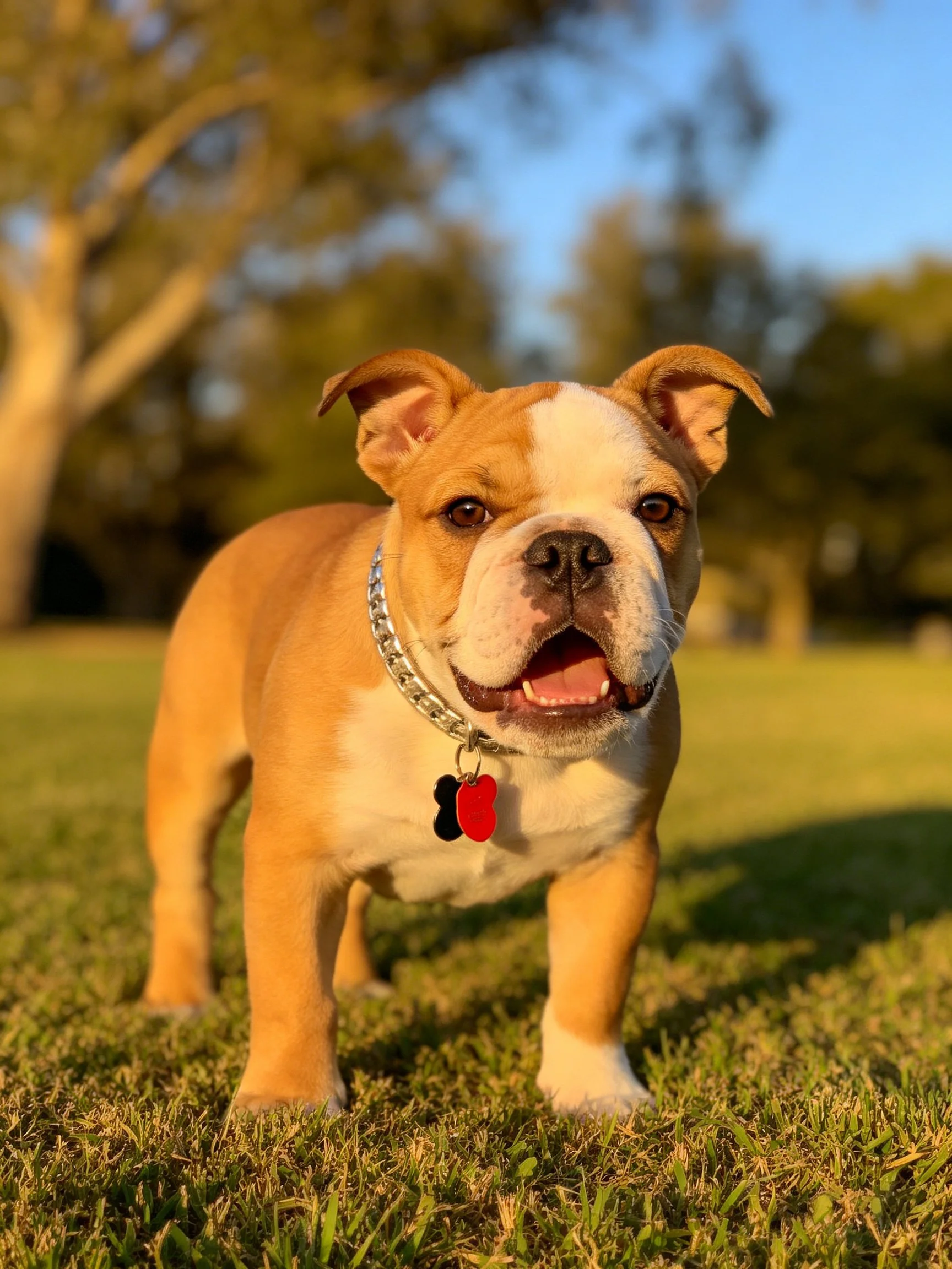 A tan and white bulldog puppy enjoys time on grass in an outdoor area.