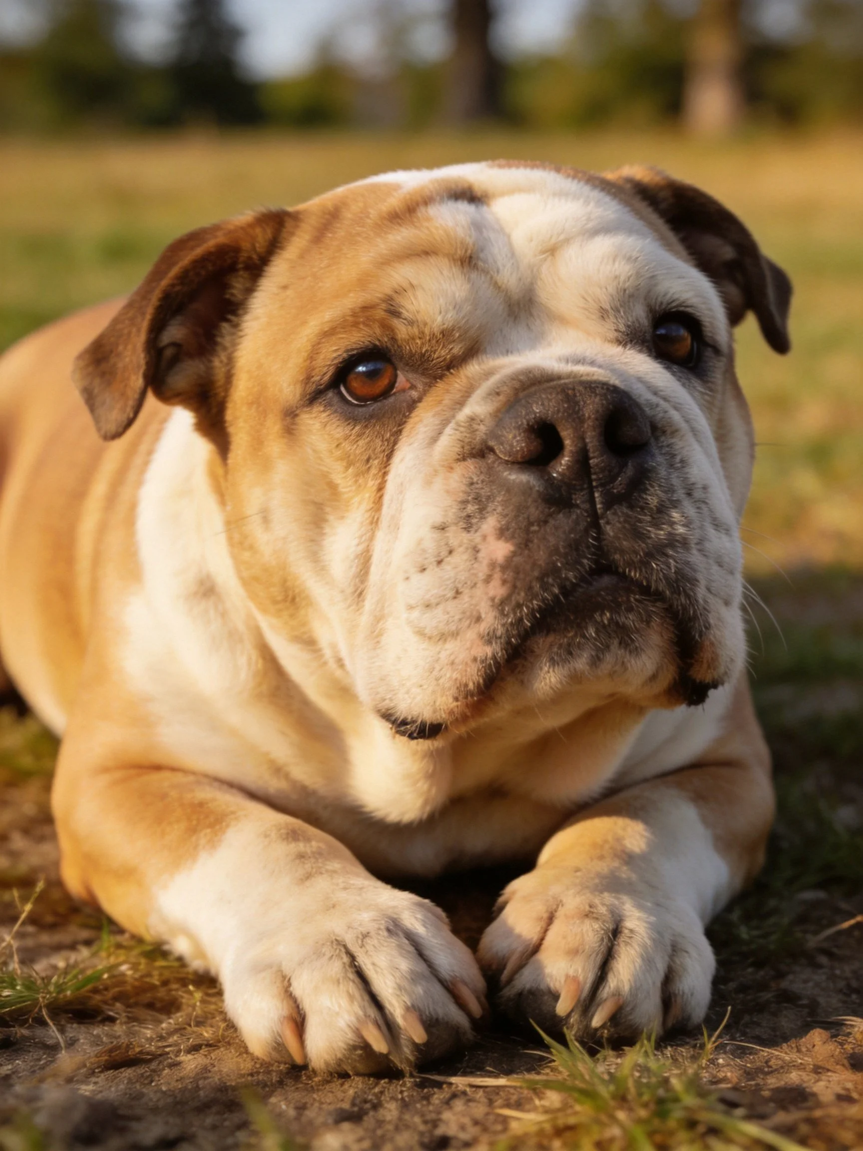 A tan and white bulldog rests peacefully on grassy ground amidnatural light.