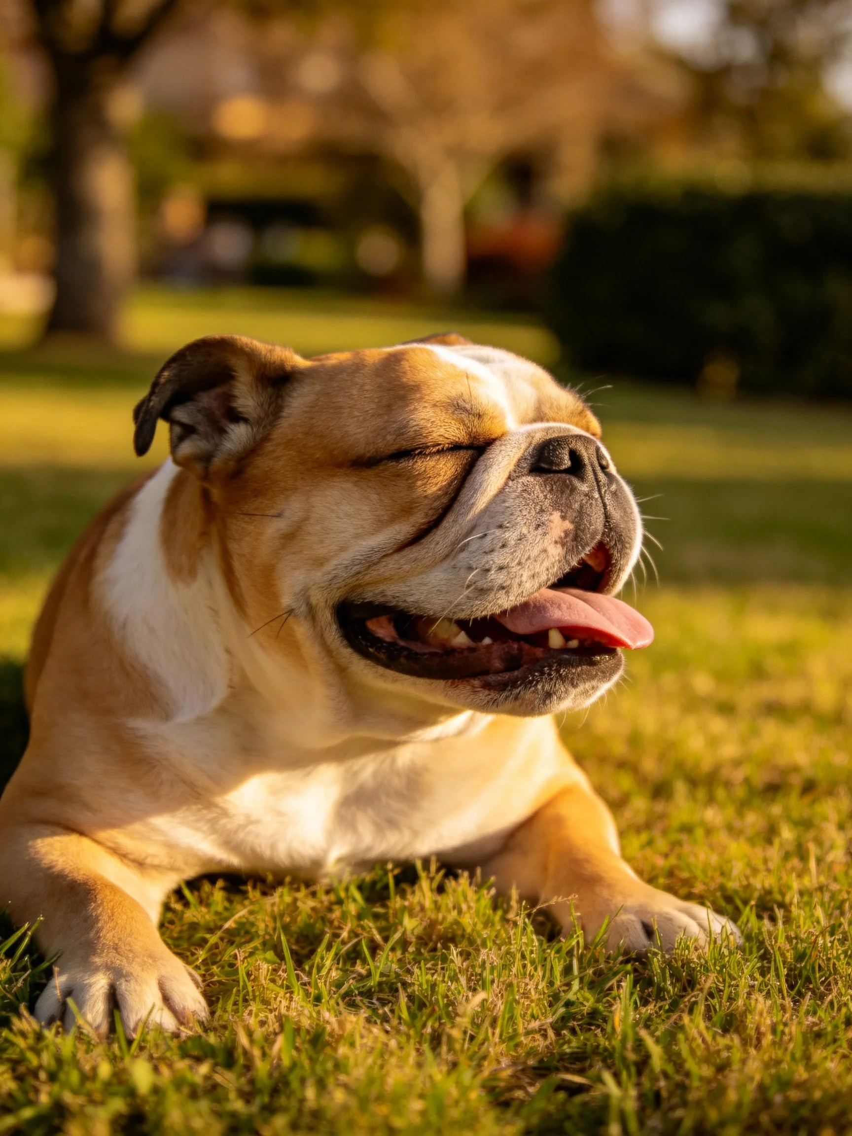 A content bulldog relaxes on grass in a sunlit outdoor setting.