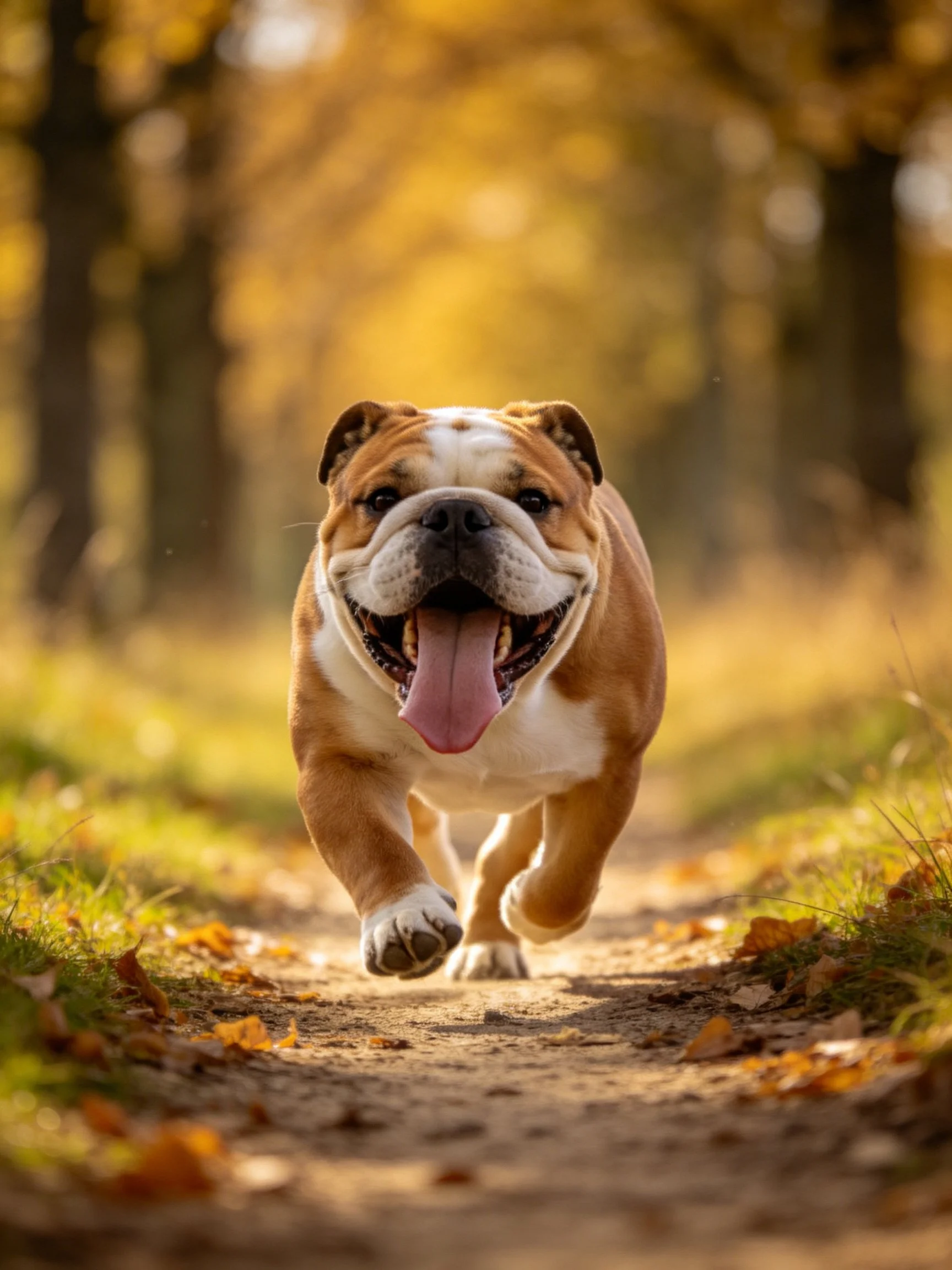 A tan and white bulldog runs toward the camera on a leafy path in golden light