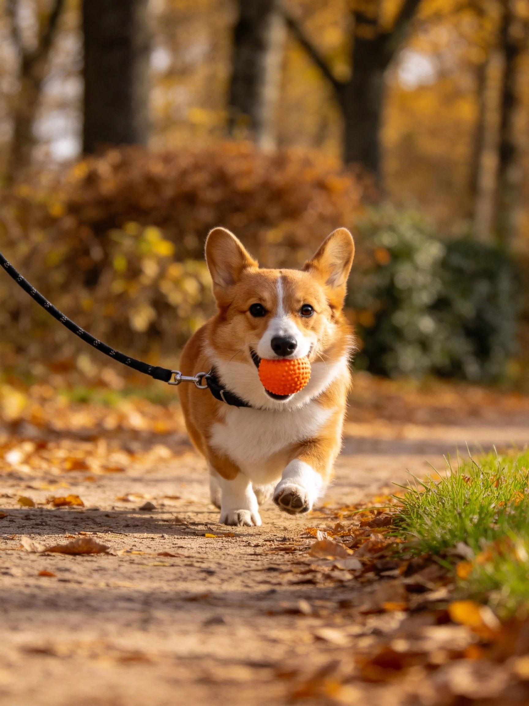 A corgi dog runs along a leafy path carrying an orange ball