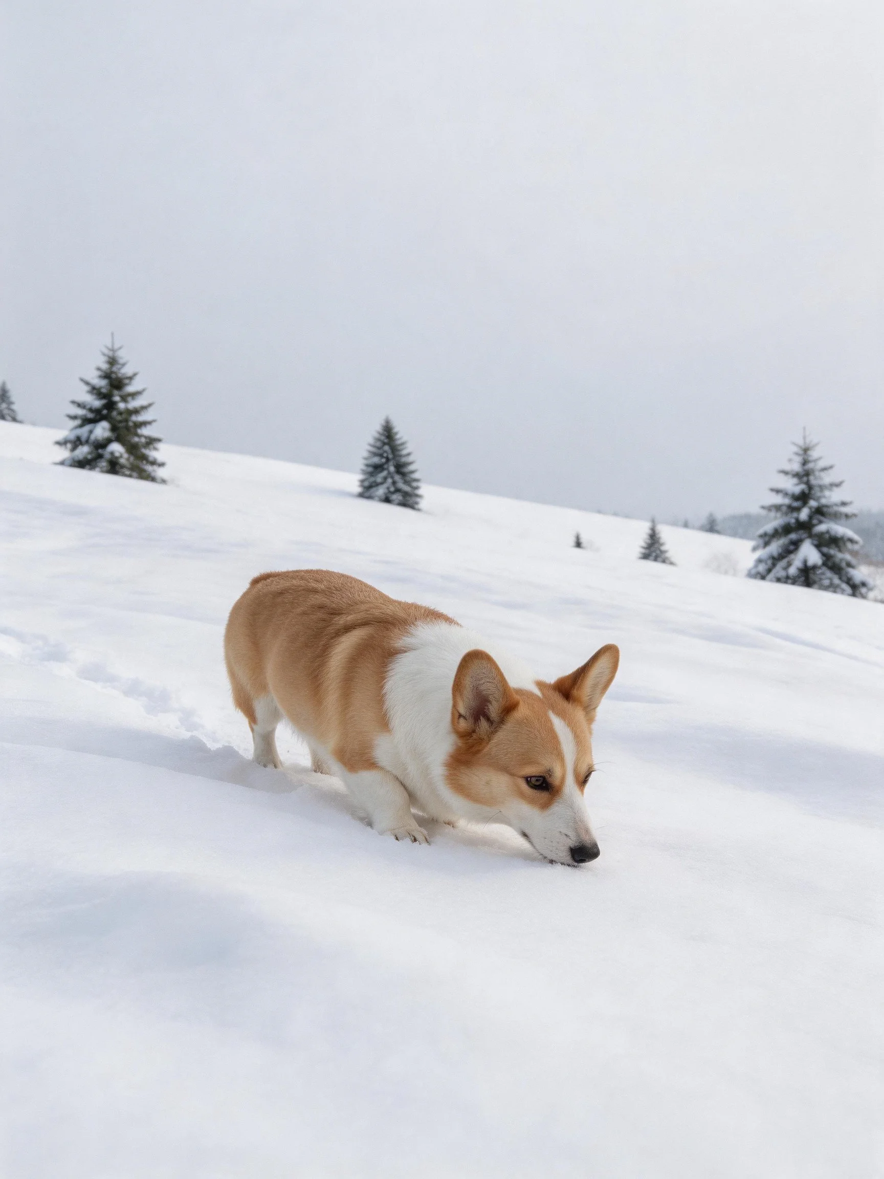 A tan and white corgi exploring a snowy landscape with evergreen trees
