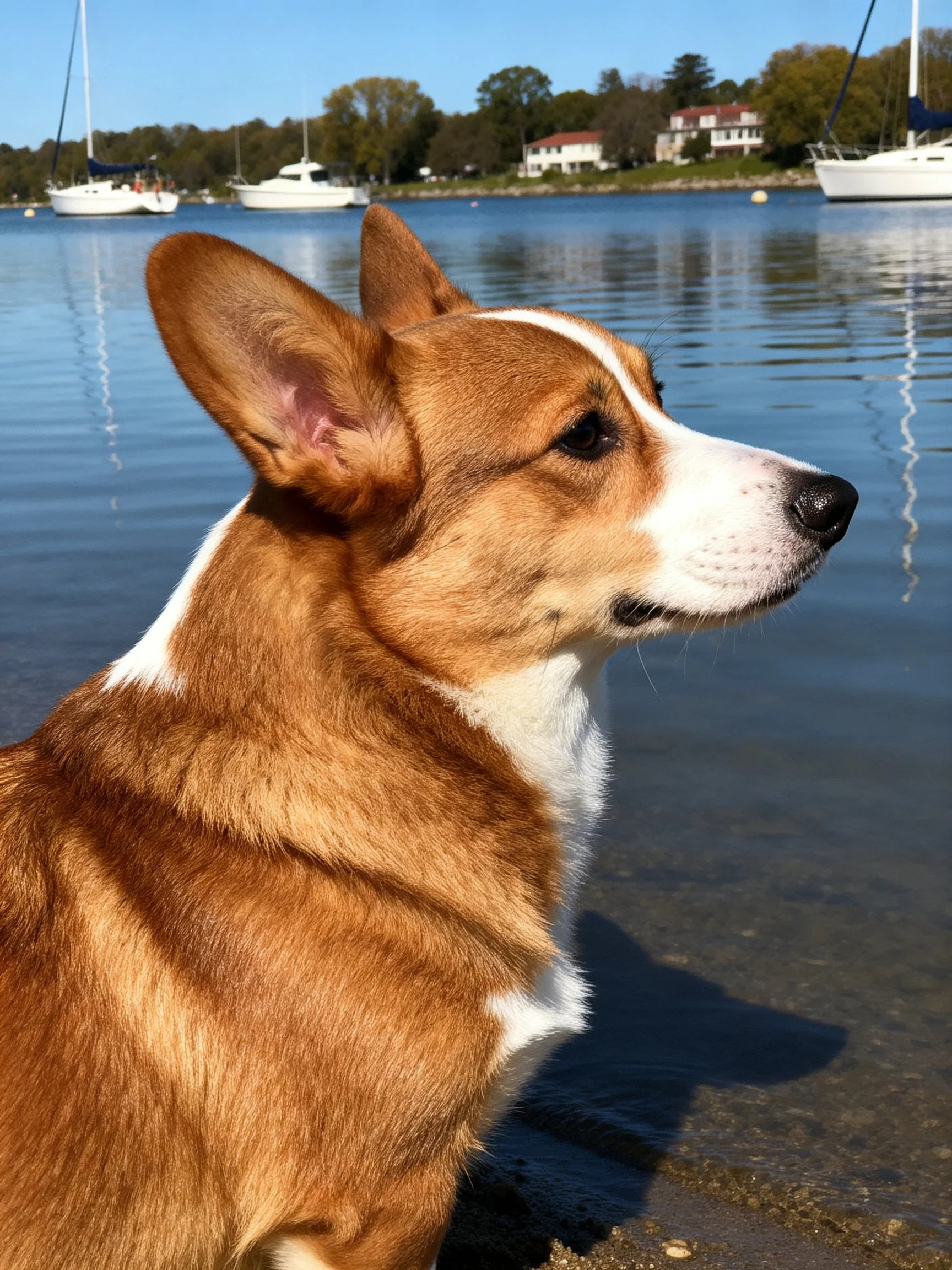A tan and white corgi gazing at a calm waterfront with sailboats