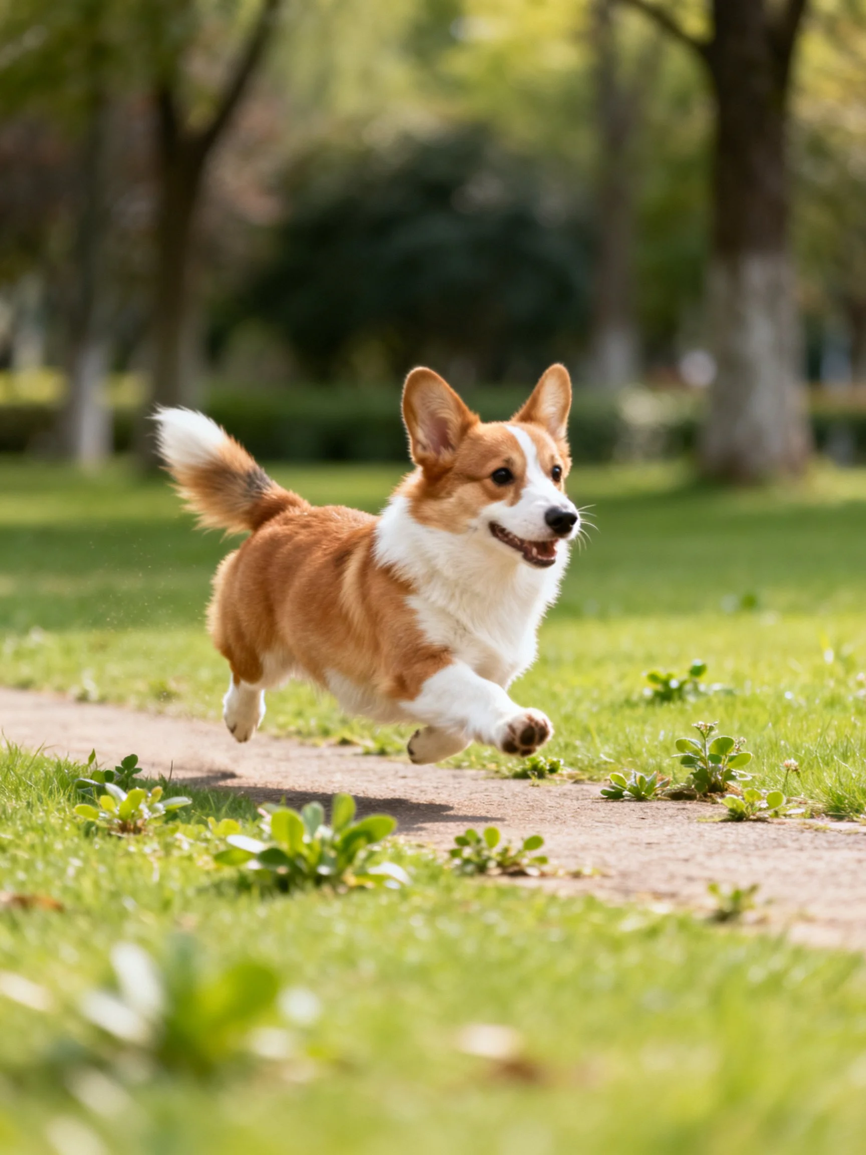 A tan and white corgi leaps energetically on a park path