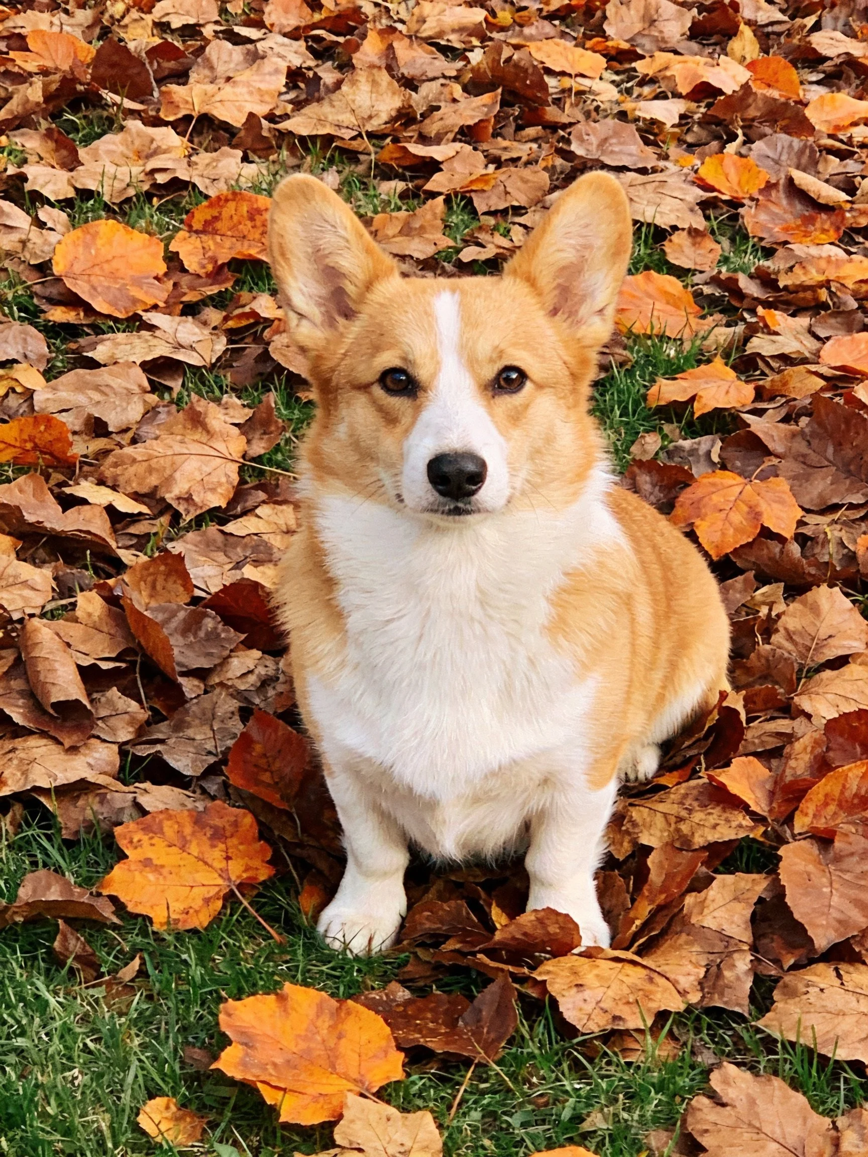 A tan and white corgi puppy among brown, orange, and yellow fallen leaves