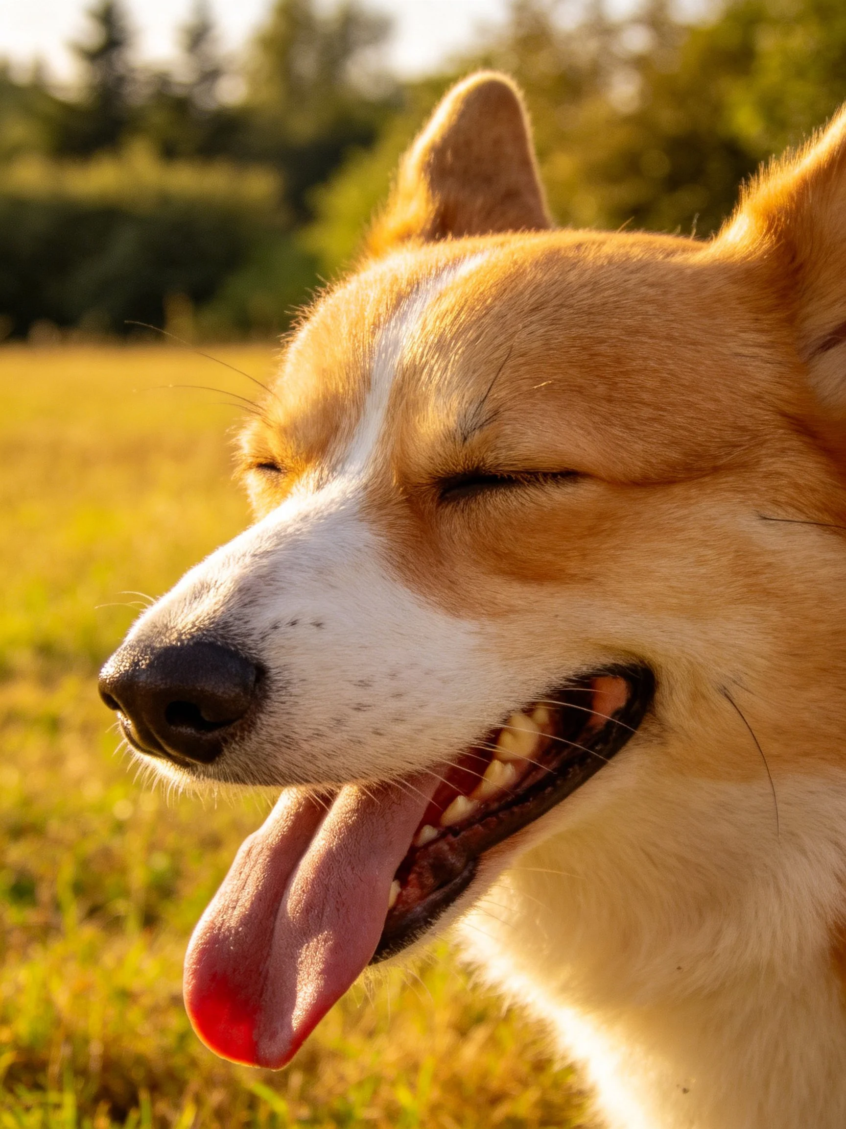 A tan and white corgi relaxes in a sunlit field with closed eyes
