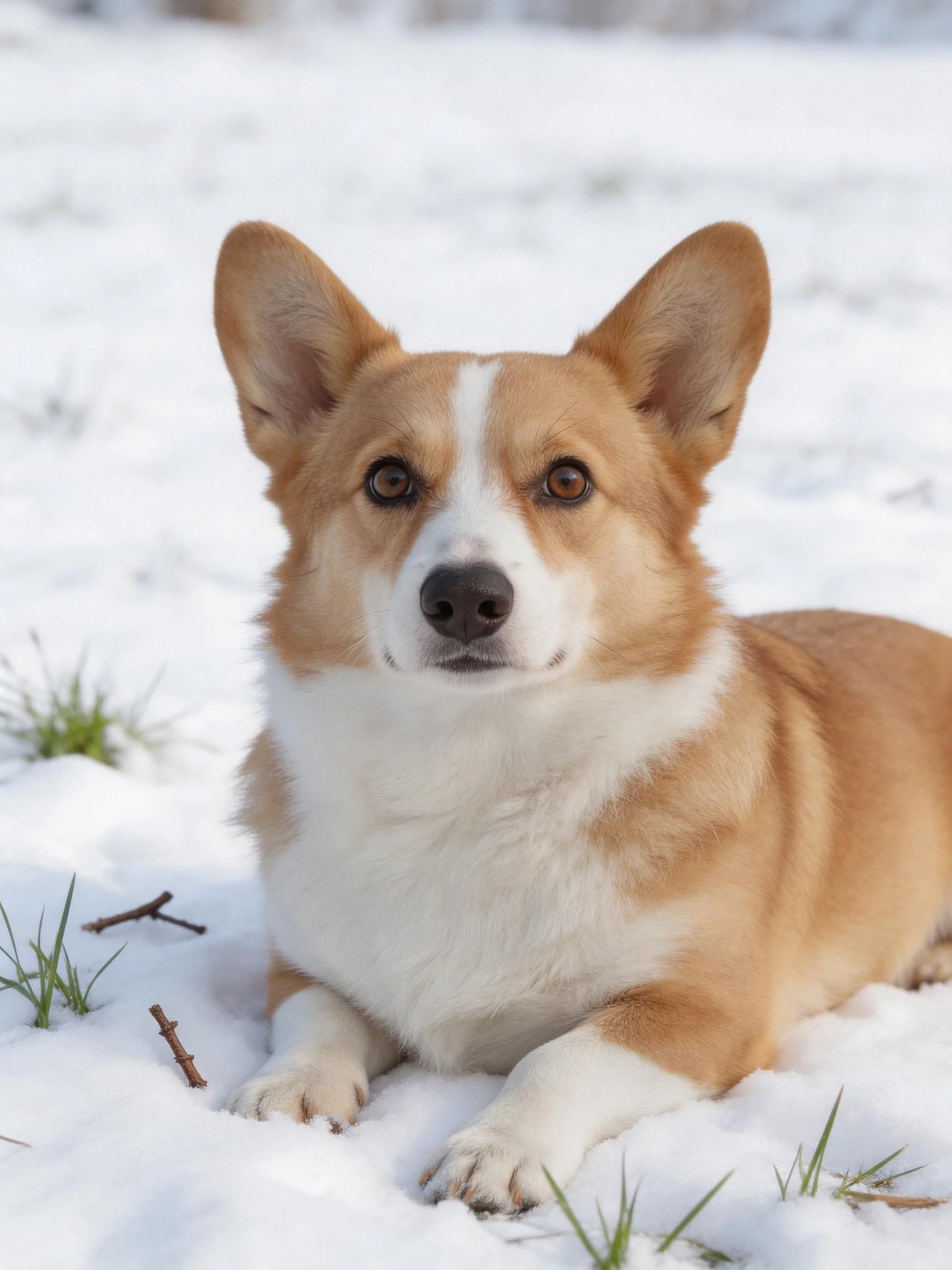 A tan and white corgi lies peacefully amid snow and scattered greenery.
