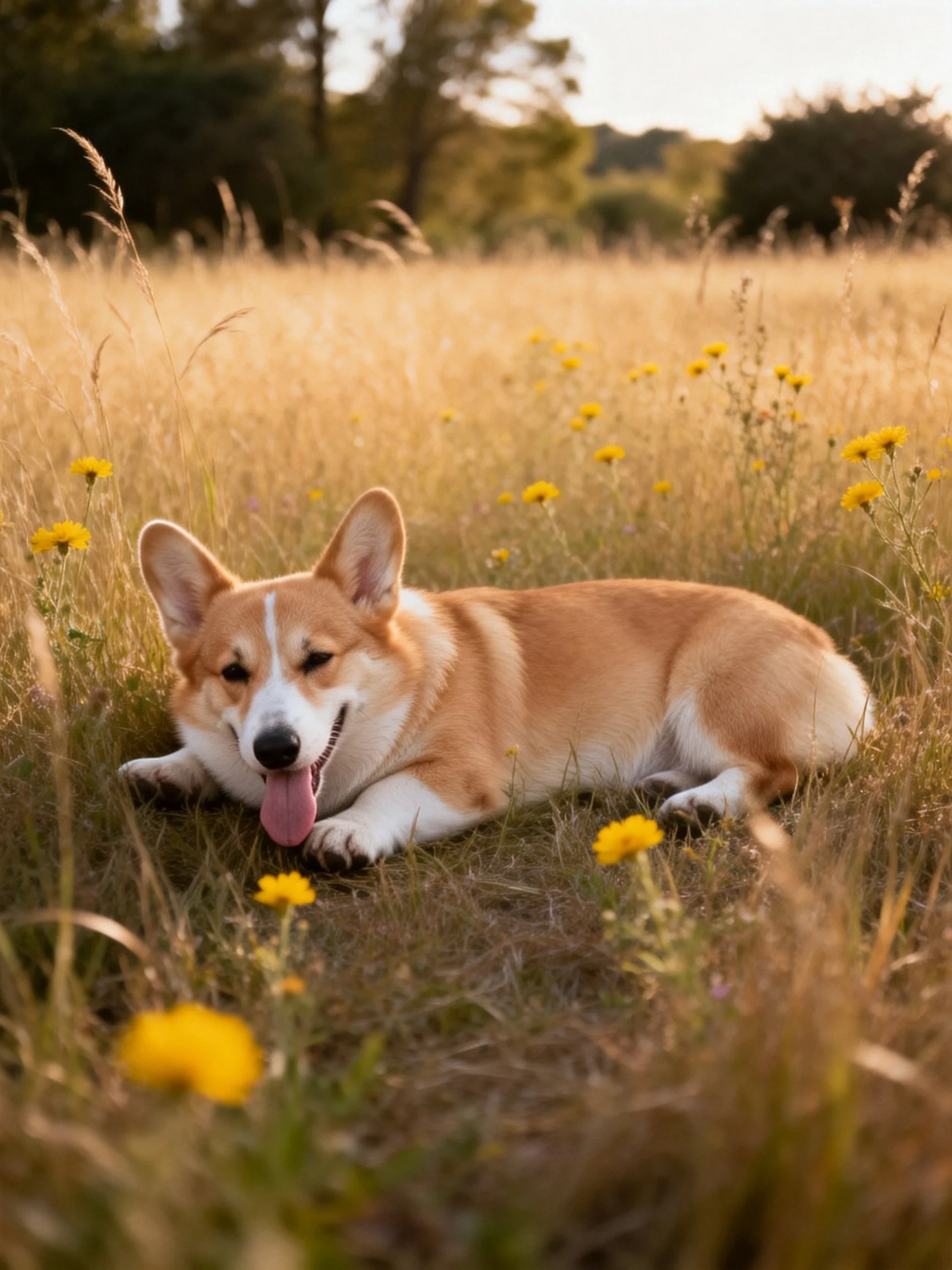 A corgi relaxes in a sunlit field of tall grass and yellow flowers.