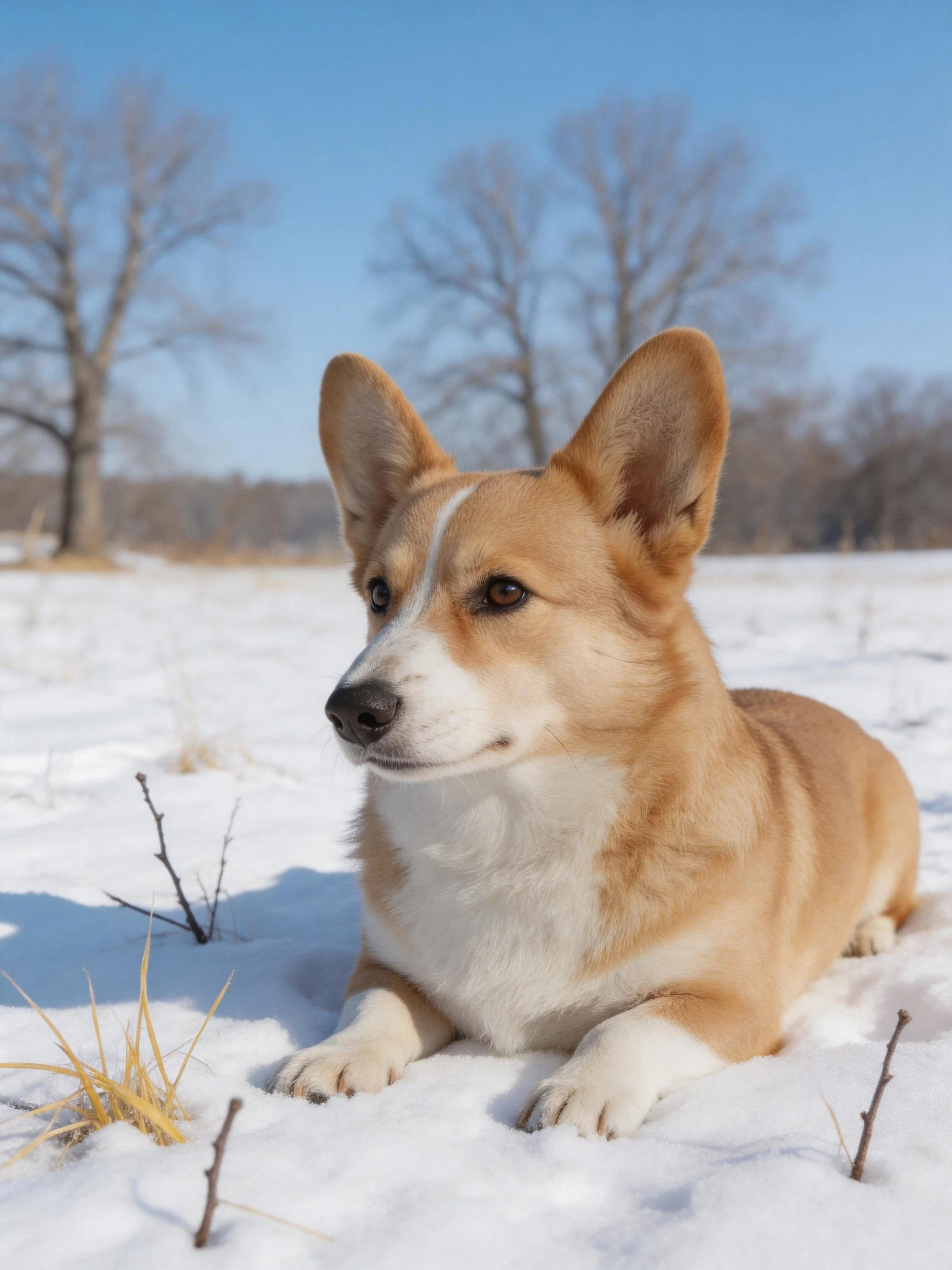 A tan and white corgi rests in a snowy field with bare trees
