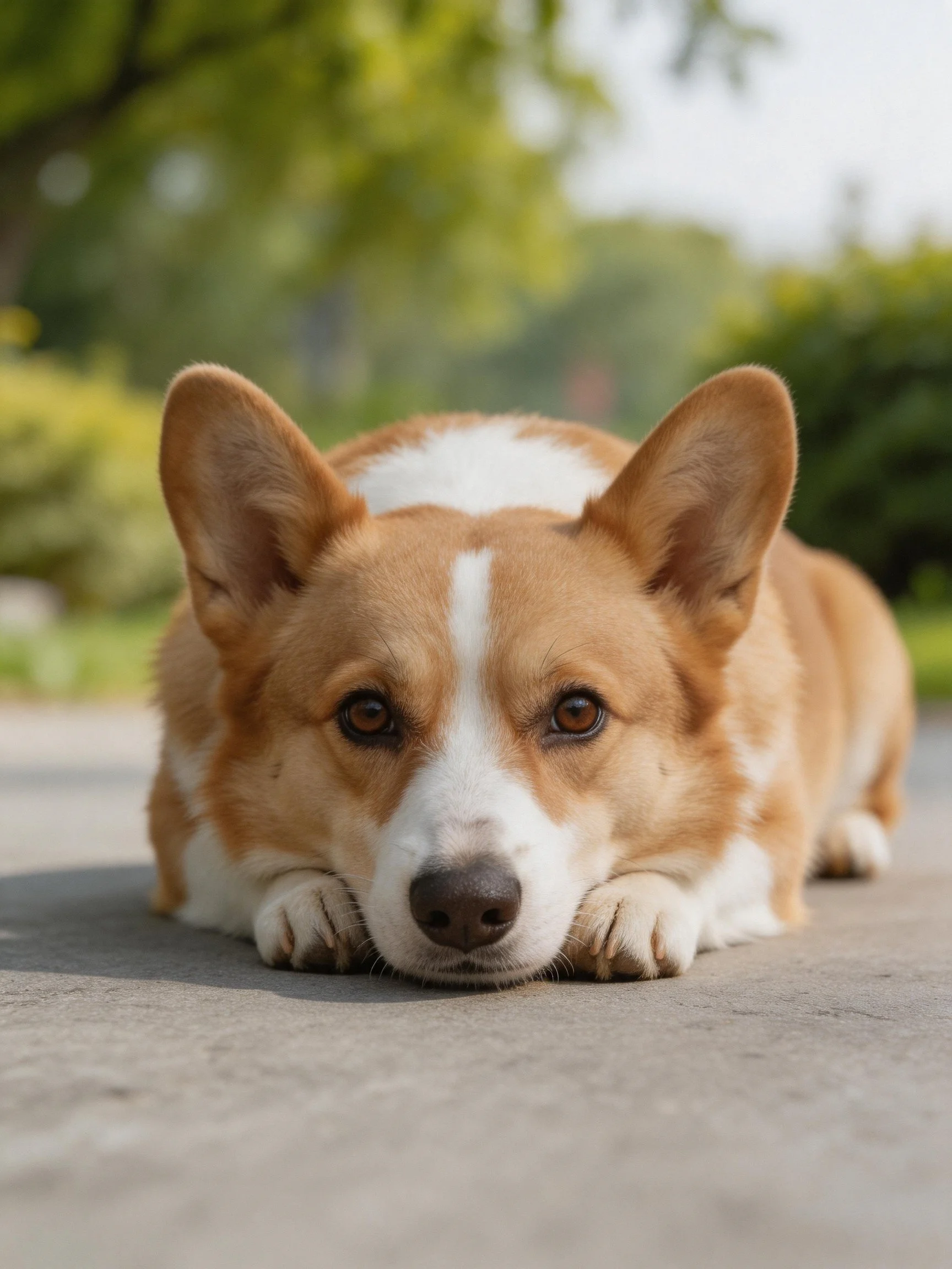 A tan and white corgi rests on a concrete path outdoors