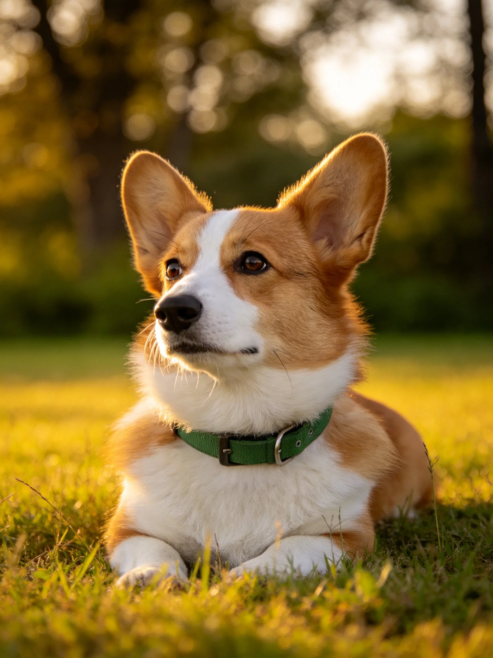 A tan and white corgi rests on golden grass with a green collar