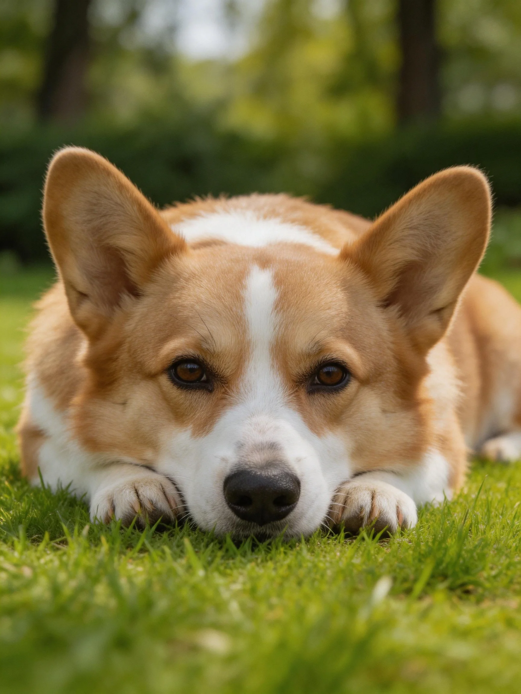 A tan and white corgi rests on lush green grass outdoors