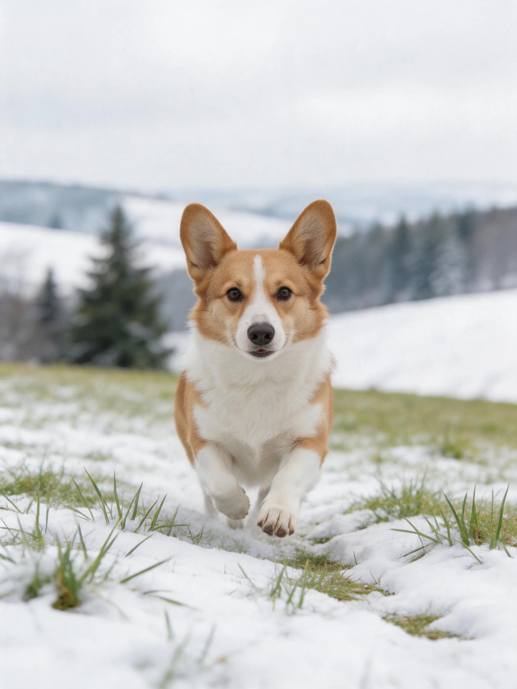A tan and white corgi runs toward the viewer in a snowy, grassy landscape.
