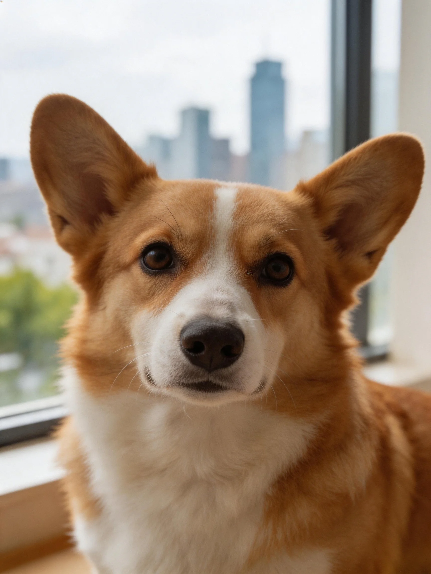 A tan and white corgi sits by a window with a city skyline view