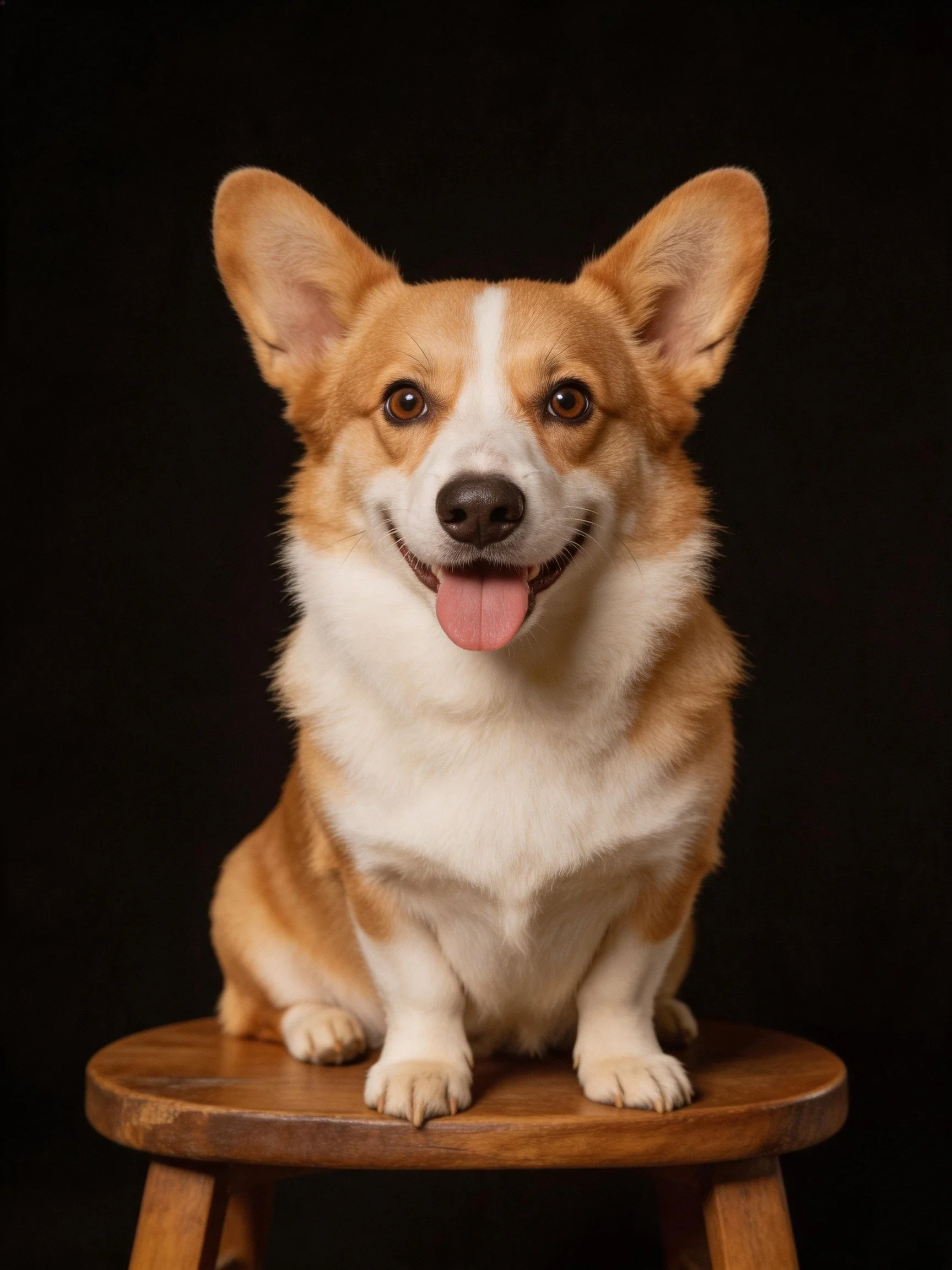 A cheerful corgi sits on a wooden stool with a black background.