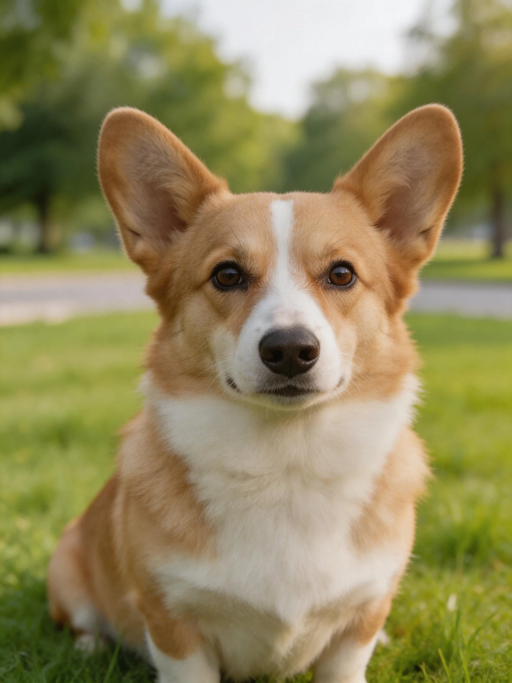 A tan and white corgi sits on green grass in a park