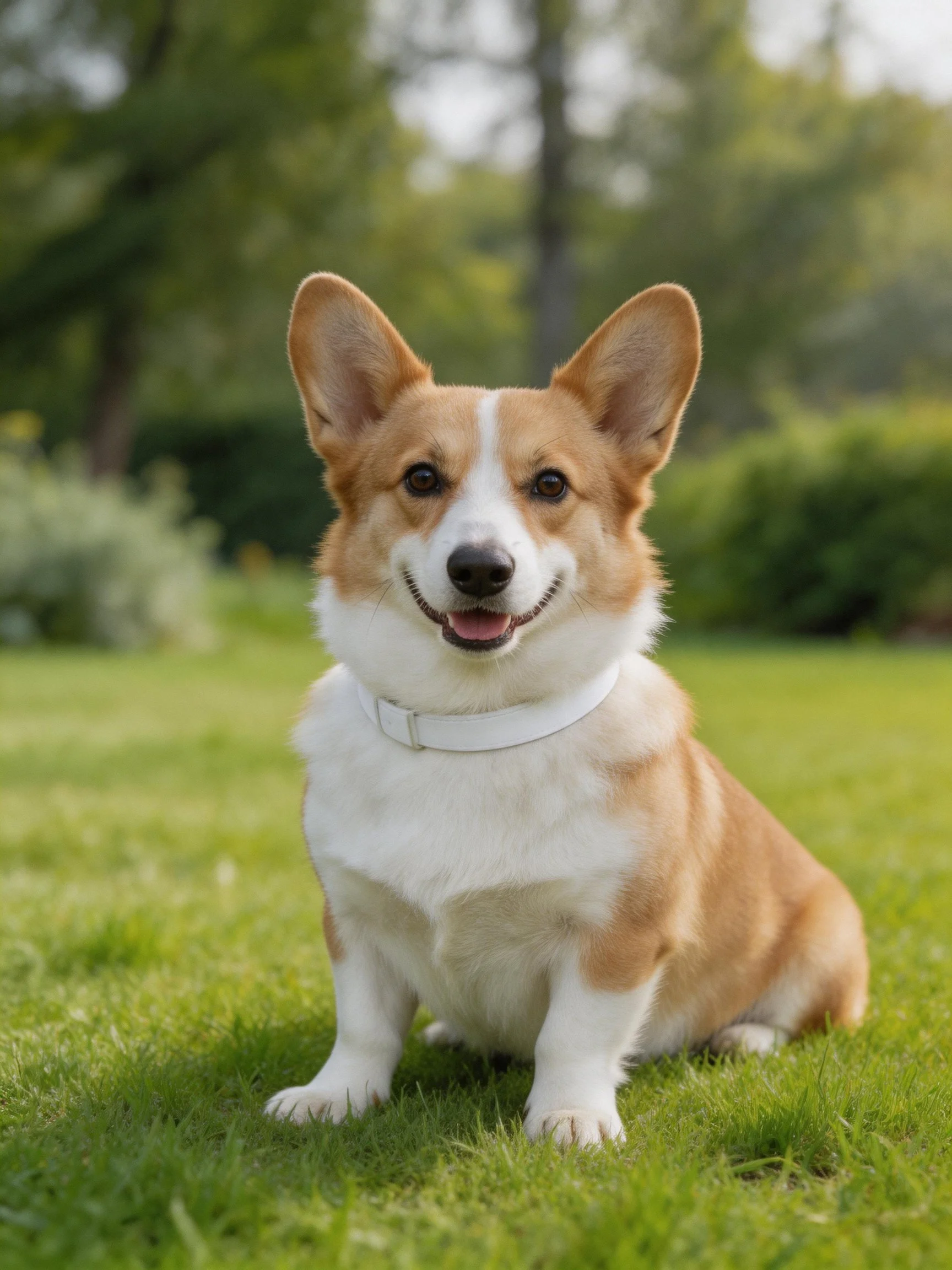 A tan and white corgi sits happily on green grass in an outdoor garden.