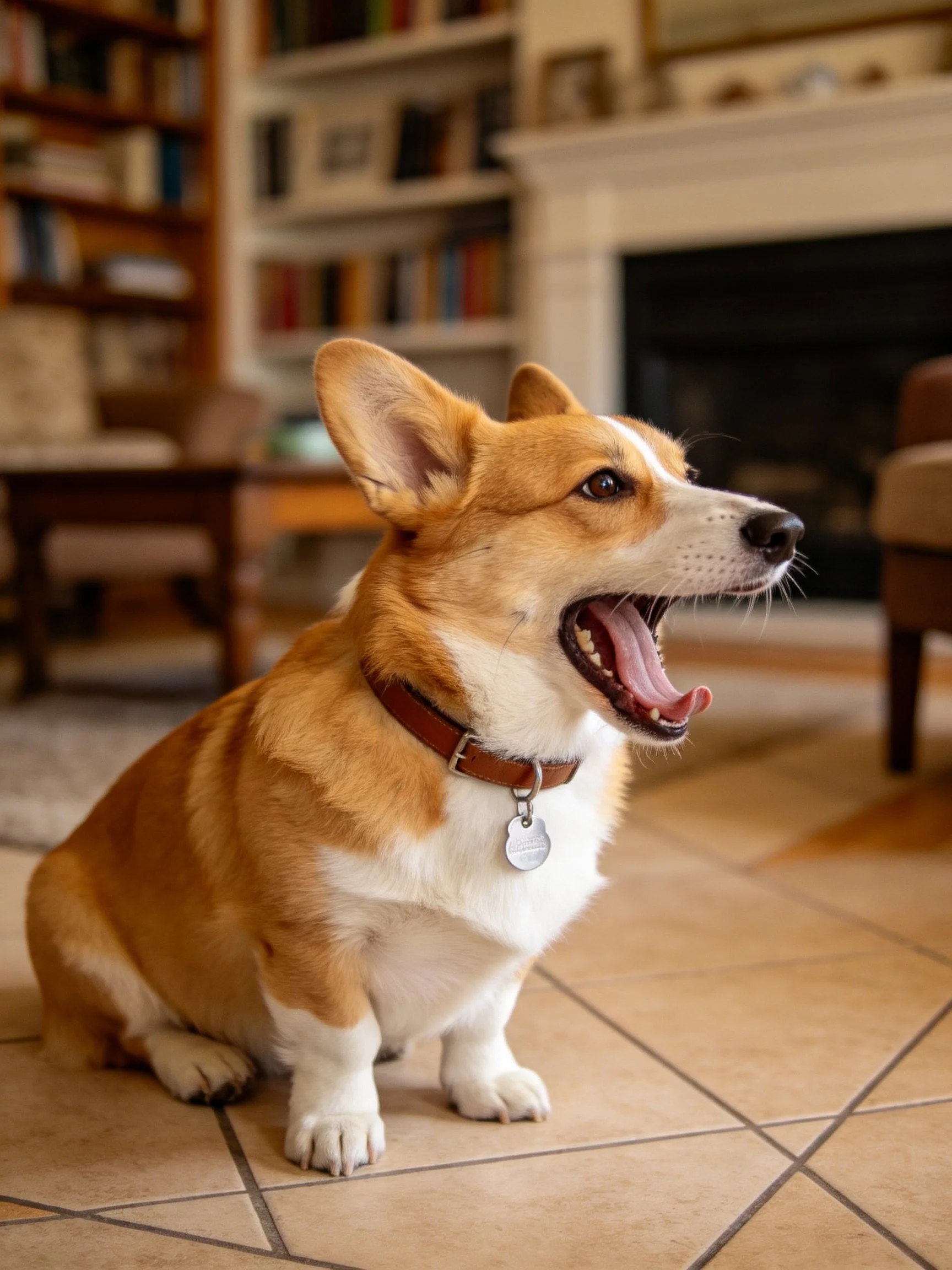 A tan and white corgi sits on tiled flooring near bookshelves and a fireplace