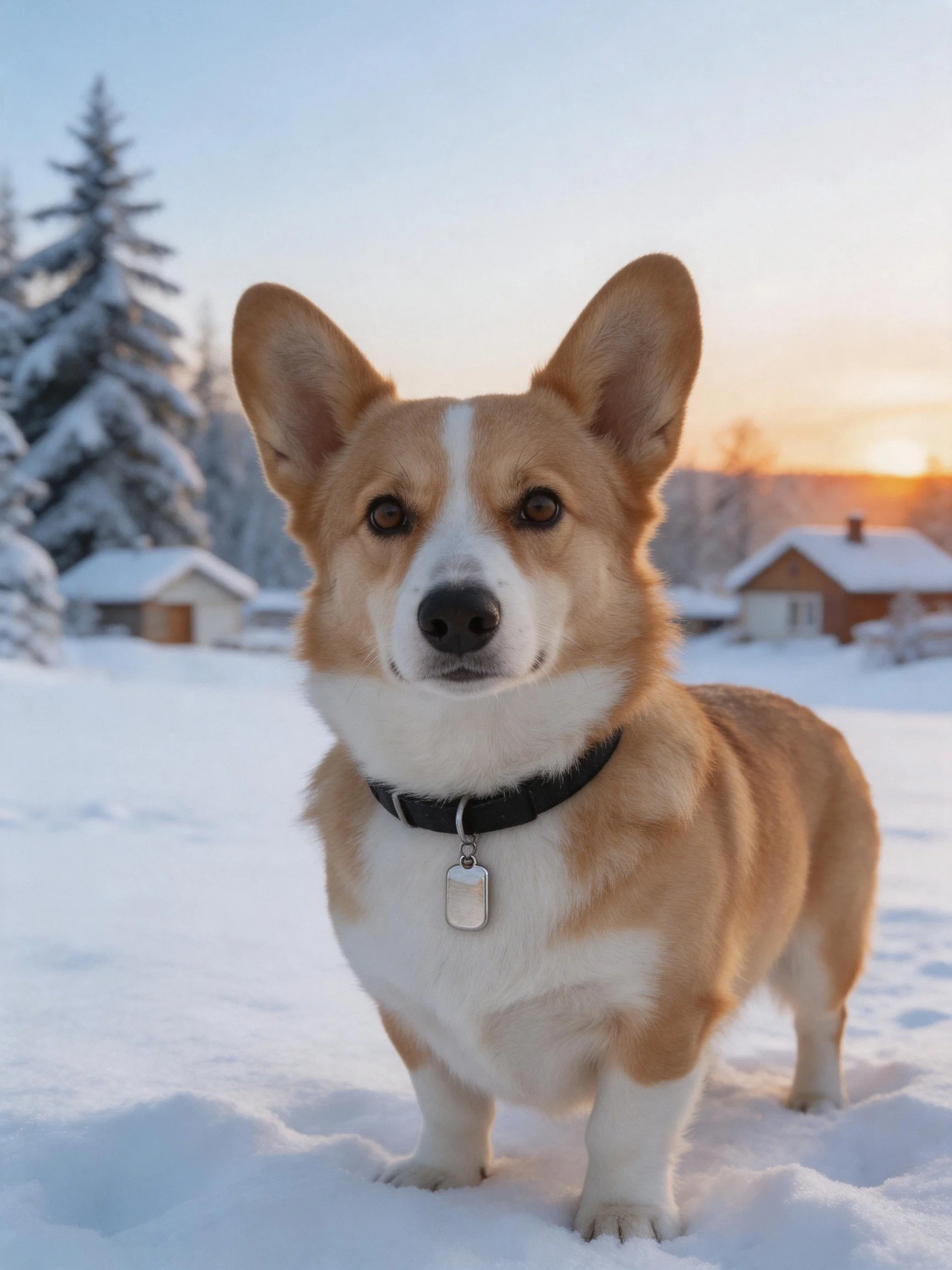 A tan and white corgi stands in snowy landscape with houses and trees