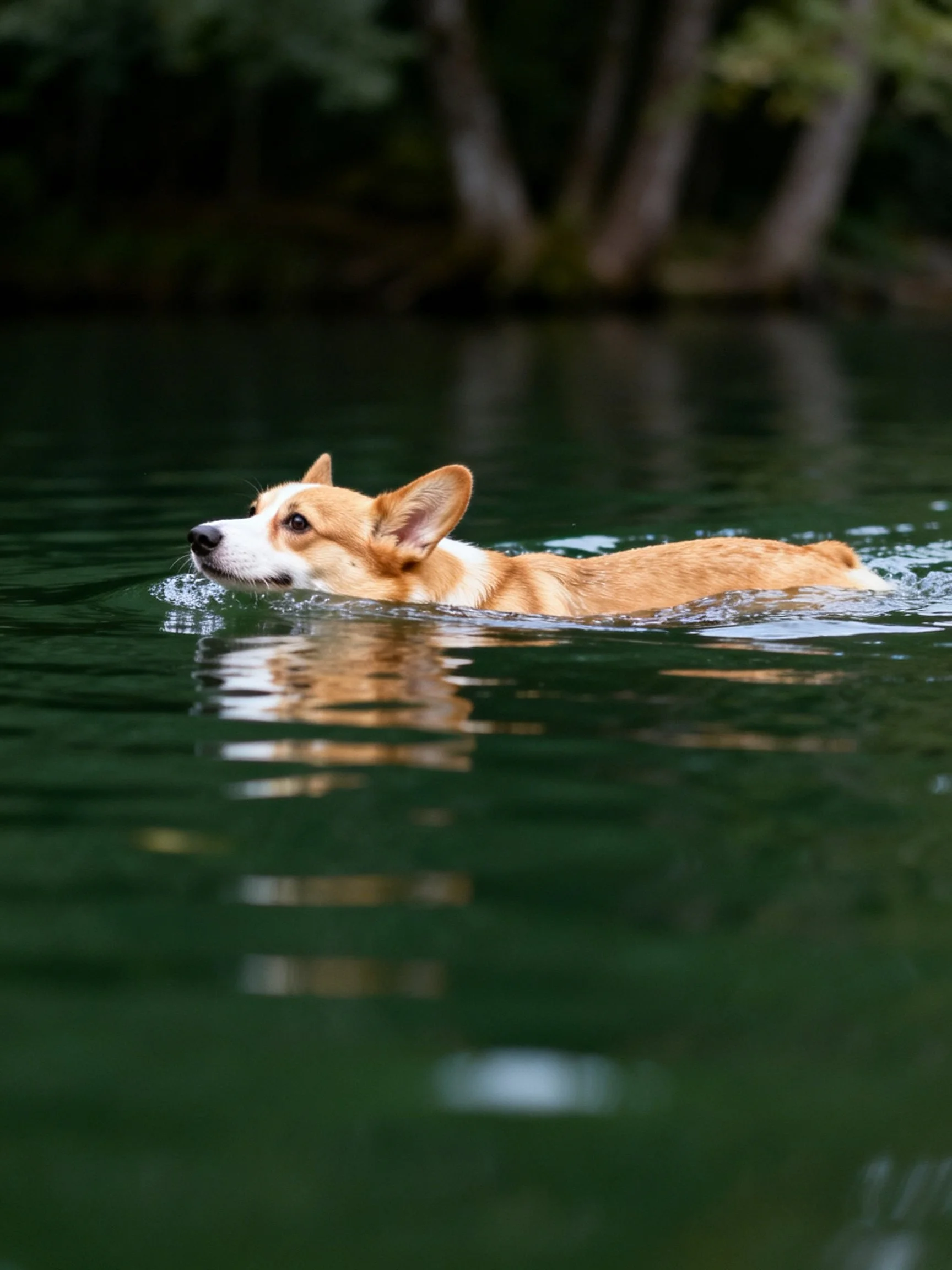 A corgi swims in calm water near trees.