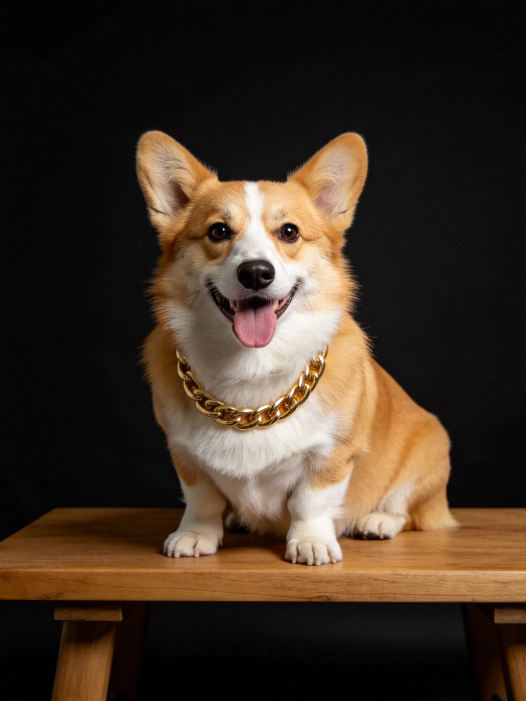 A tan and white corgi wearing a gold chain sits on a wooden bench