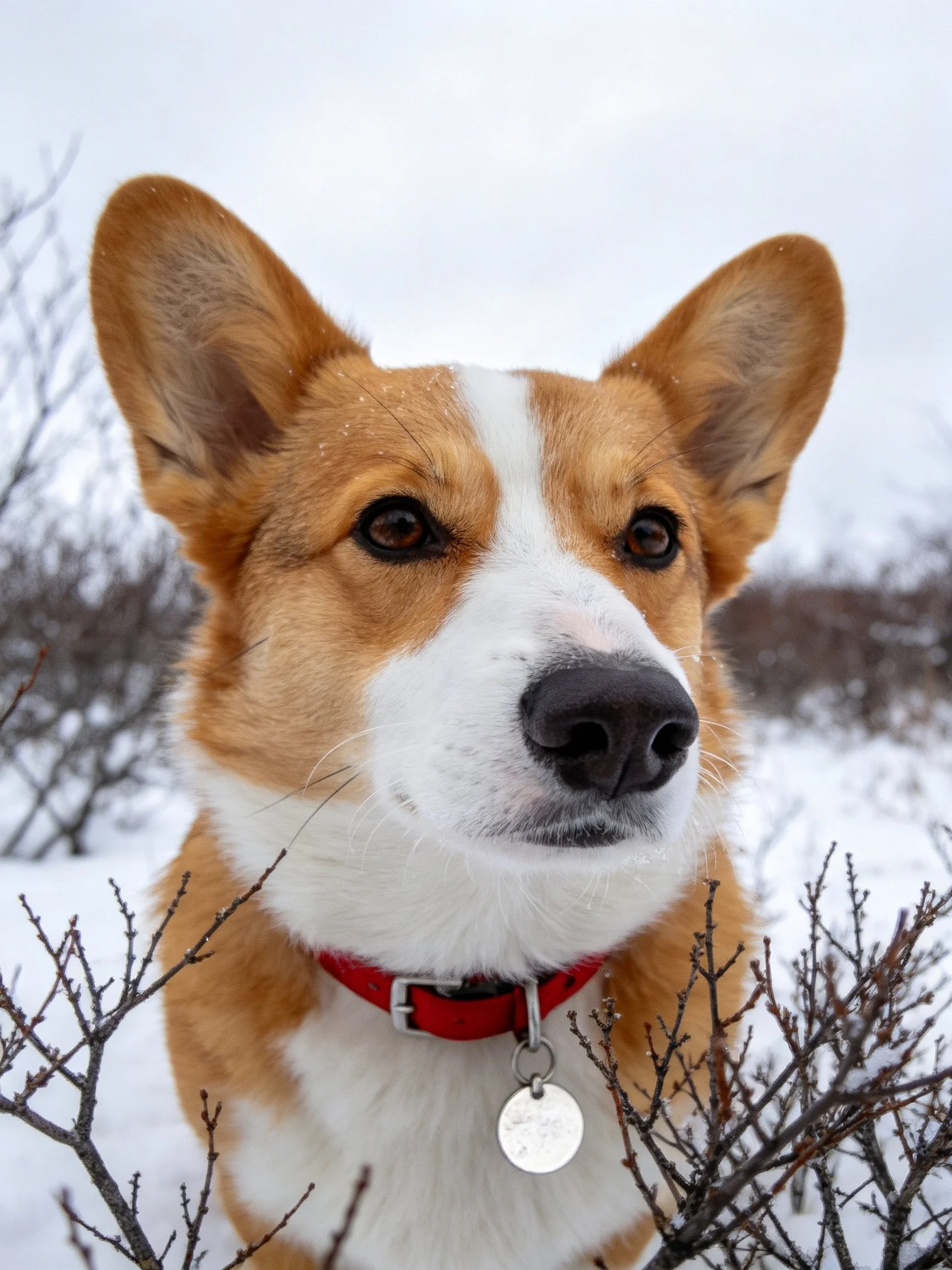 A tan and white corgi stands among snow-covered ground and bare bushes.