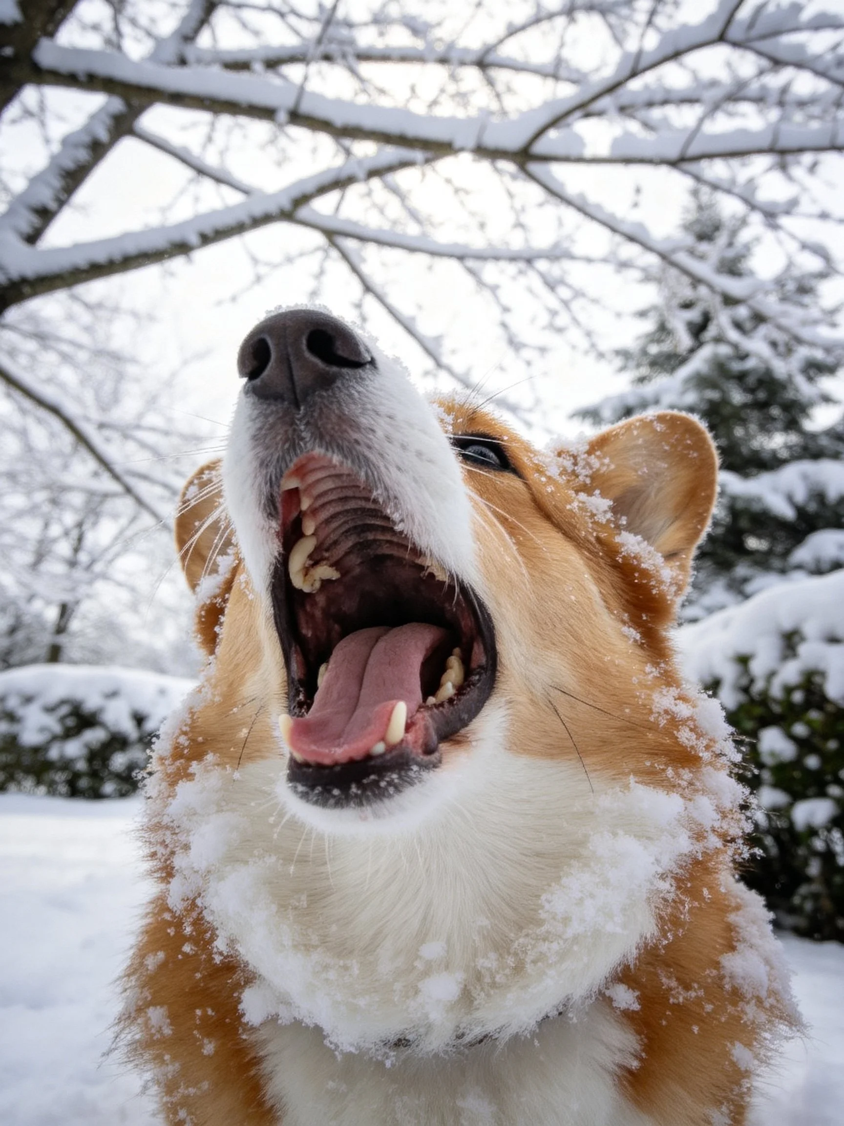 A tan and white corgi with snow on its fur barks amid snowy trees and bushes.