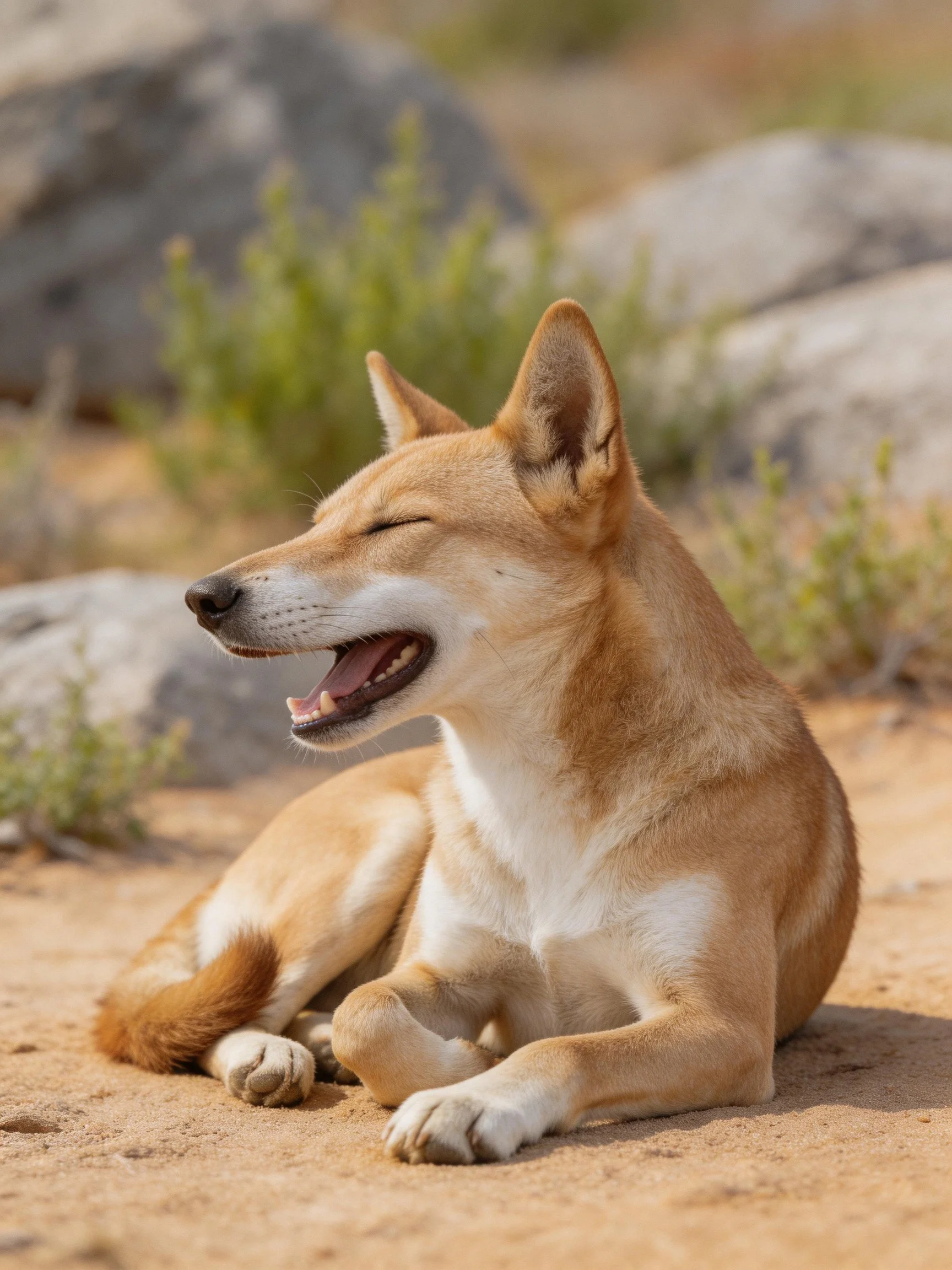 A tan and white dingo resting on sandy ground amid rocks and shrubs