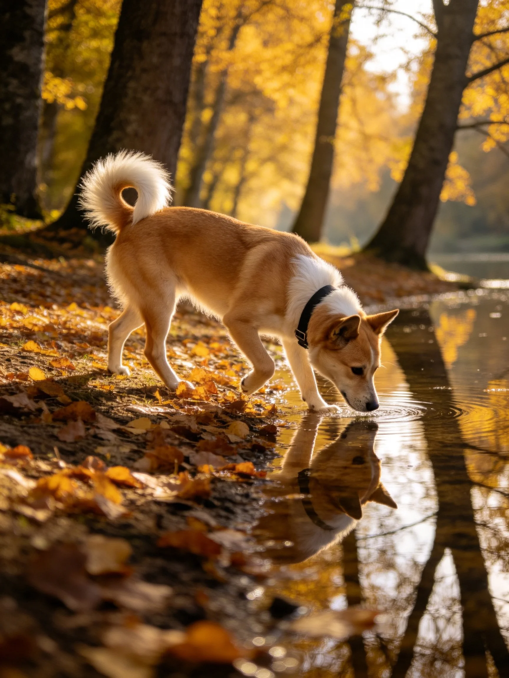 A tan and white dog drinks from a forest pond amid golden foliage