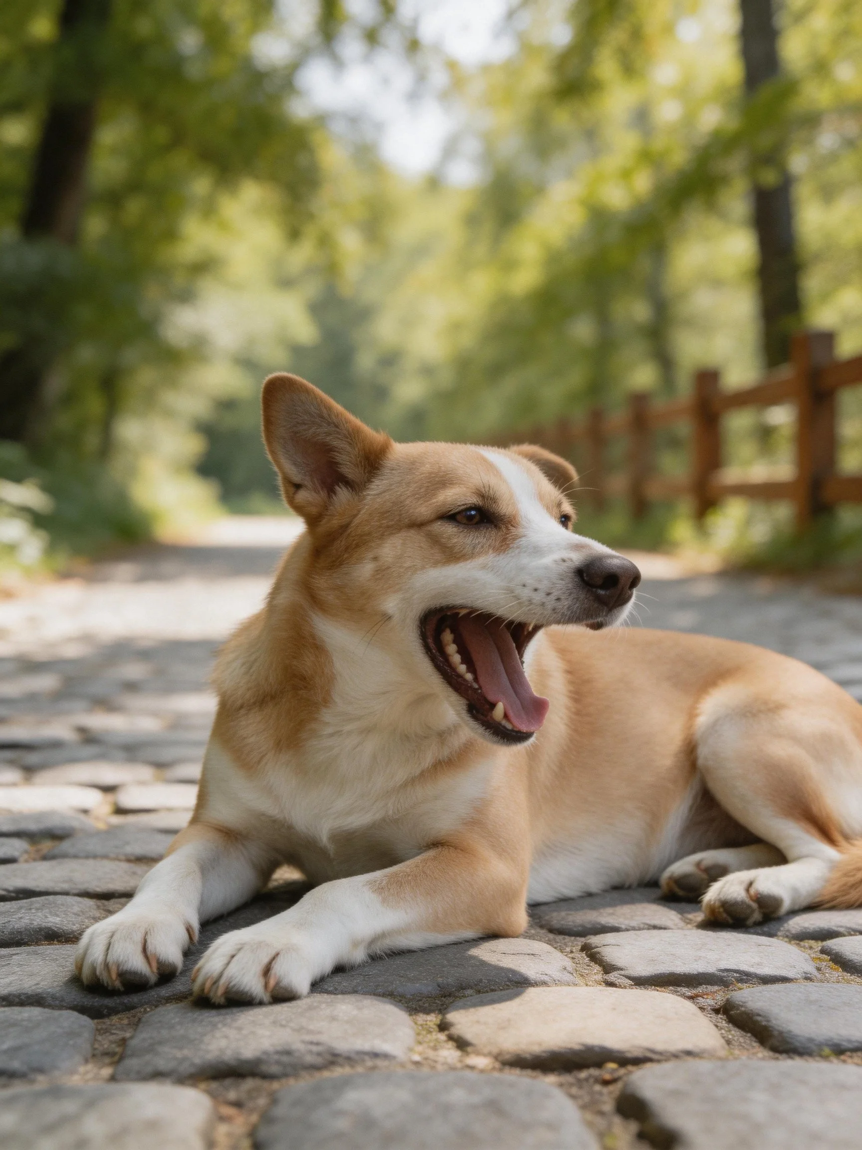 A tan and white dog relaxes on a cobblestone path surrounded by greenery.