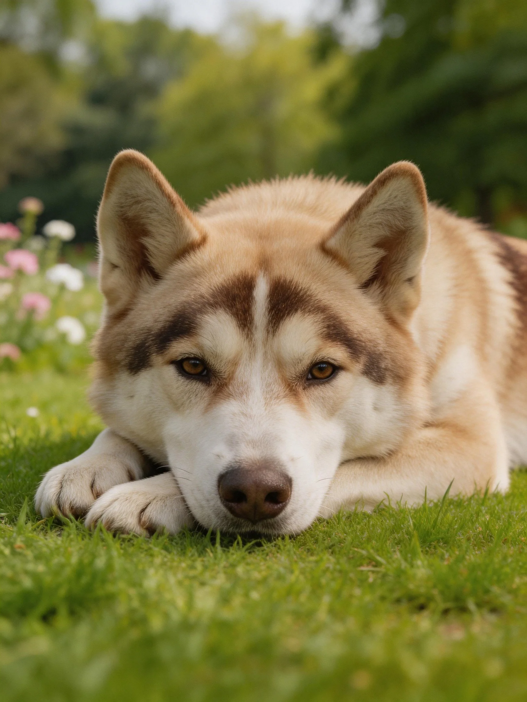 A tan and white dog rests on green grass in a sunlit outdoor setting.