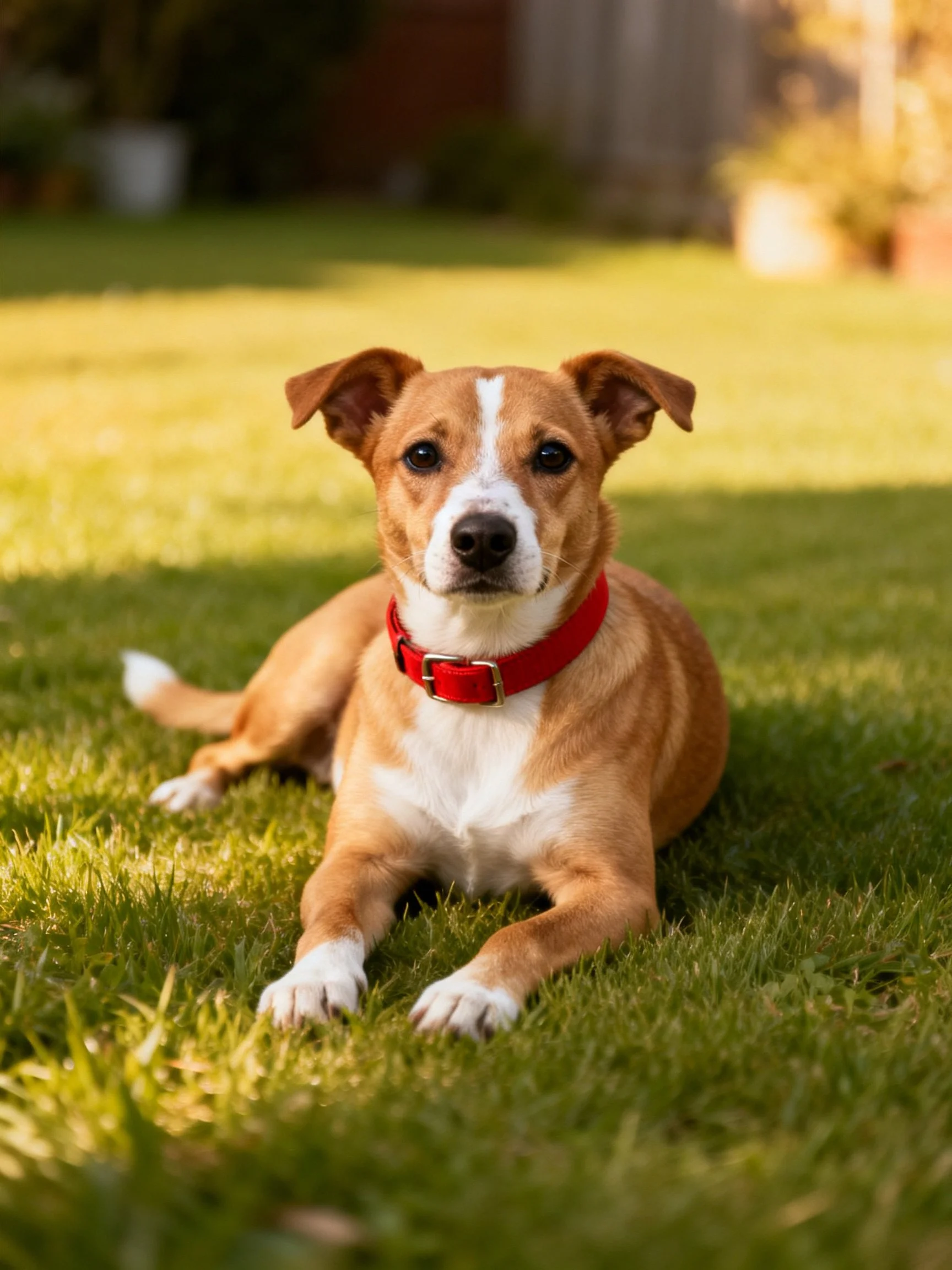 A tan and white dog lies calmly on grass in a sunlit outdoor space.
