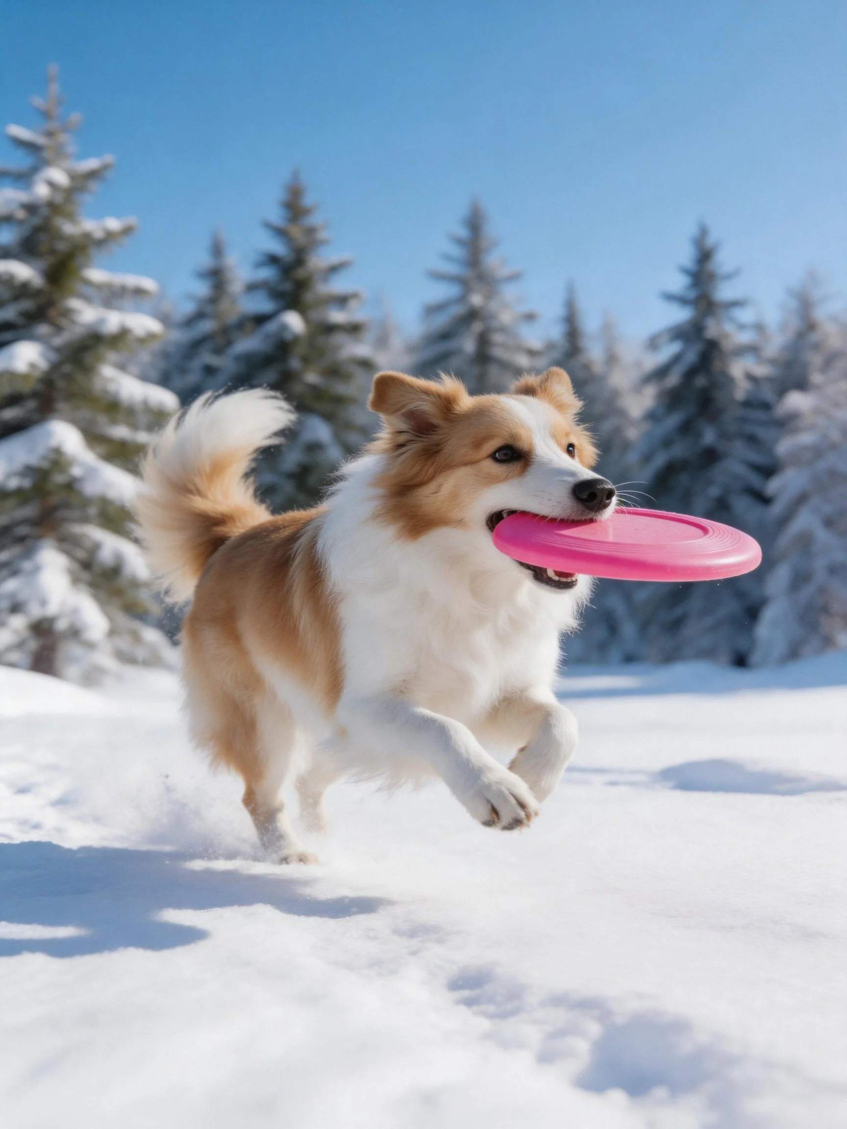 A dog carries a pink frisbee while running through a snowy area with trees