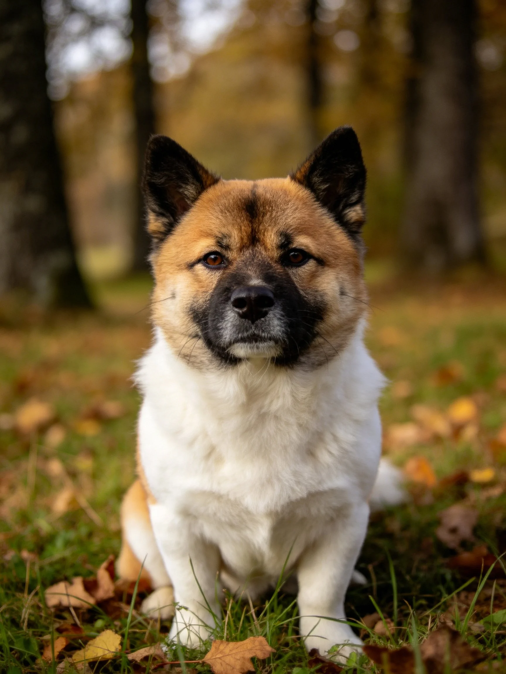 A tan and white dog rests in a forest setting with fallen leaves
