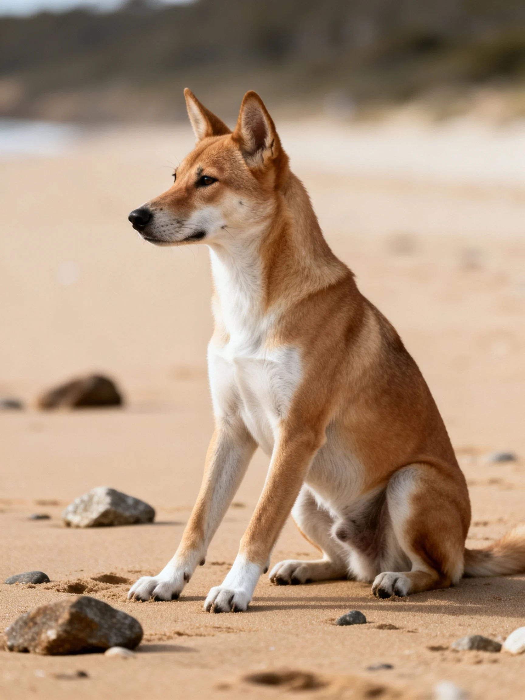 A tan and white dog sits calmly on a sandy beach with nearby rocks